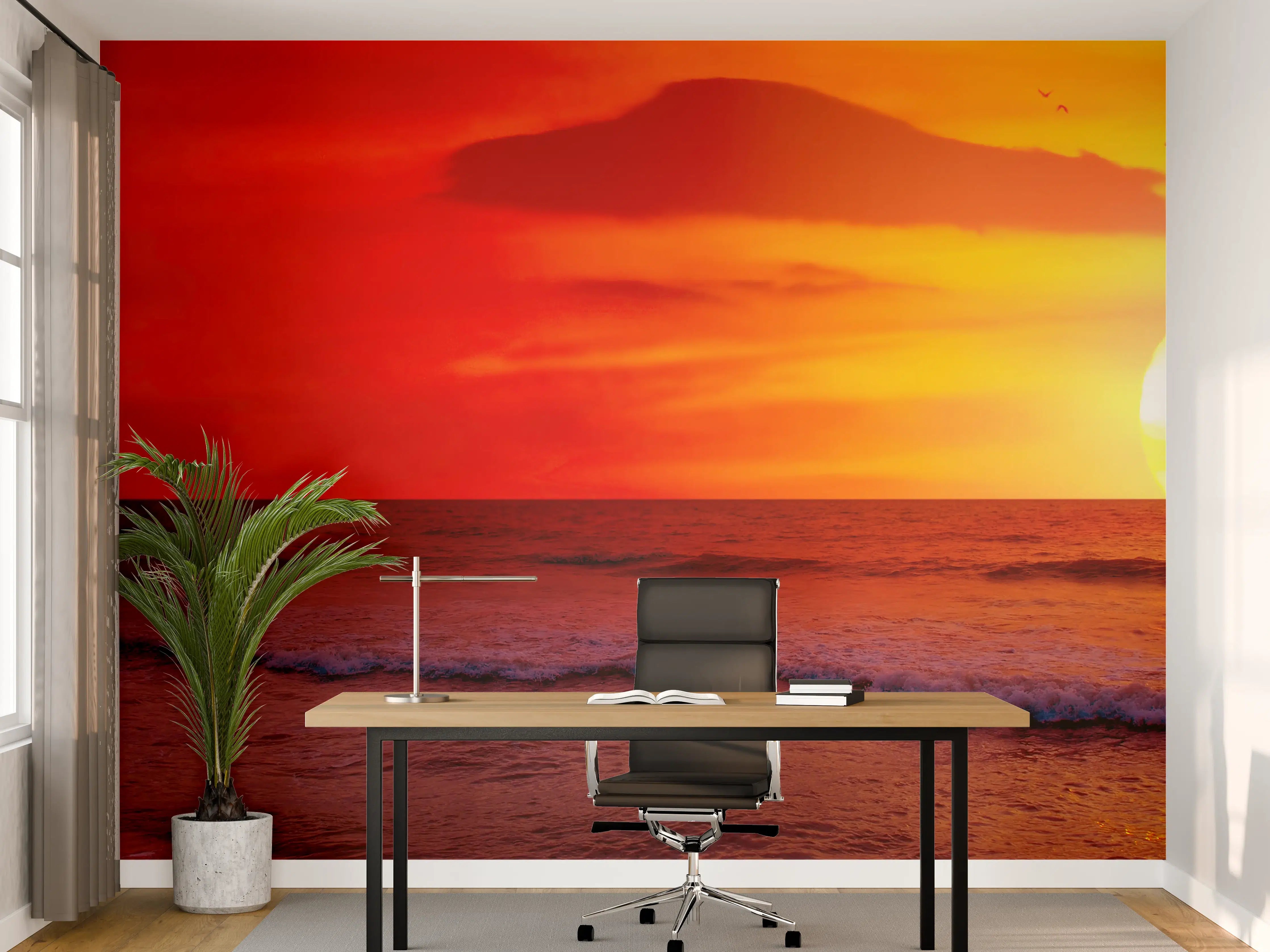 Büro Wandgestaltung - Sonnenuntergang am Meer mit warmen Farbtönen