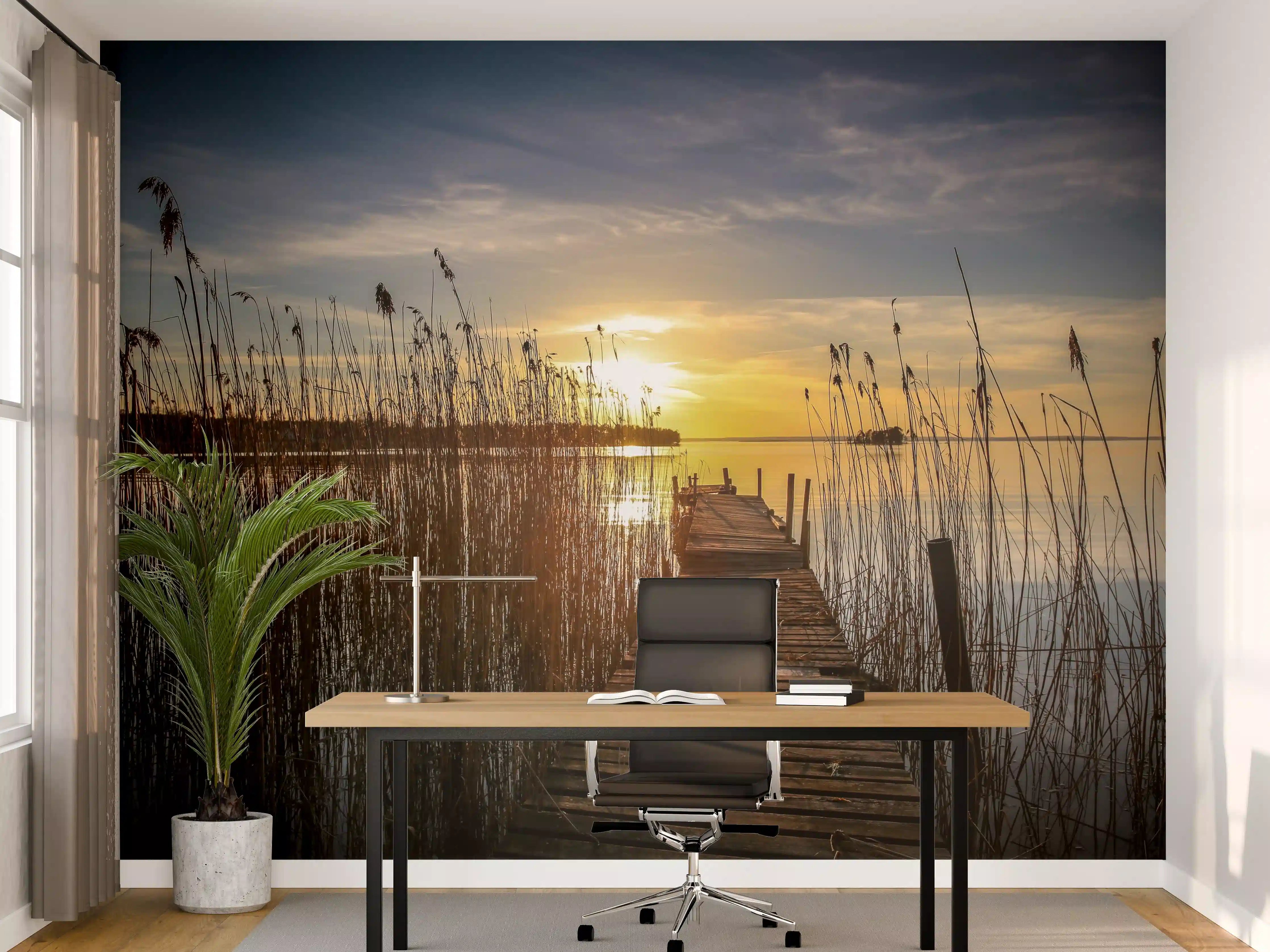 Büro Wandgestaltung - Sonnenuntergang am See mit Holzdock