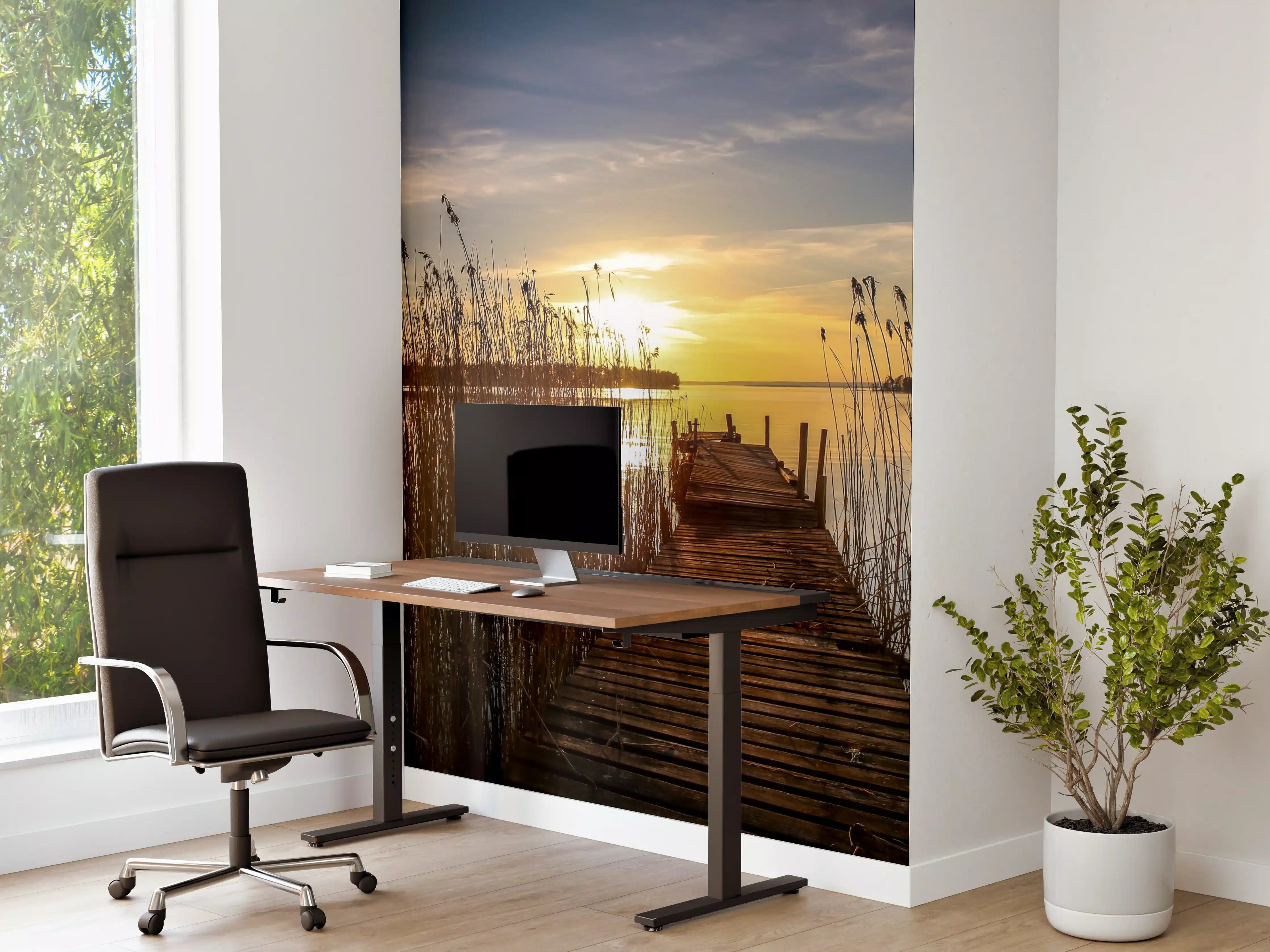 Büro Wandgestaltung - Sonnenuntergang am See mit Holzdock