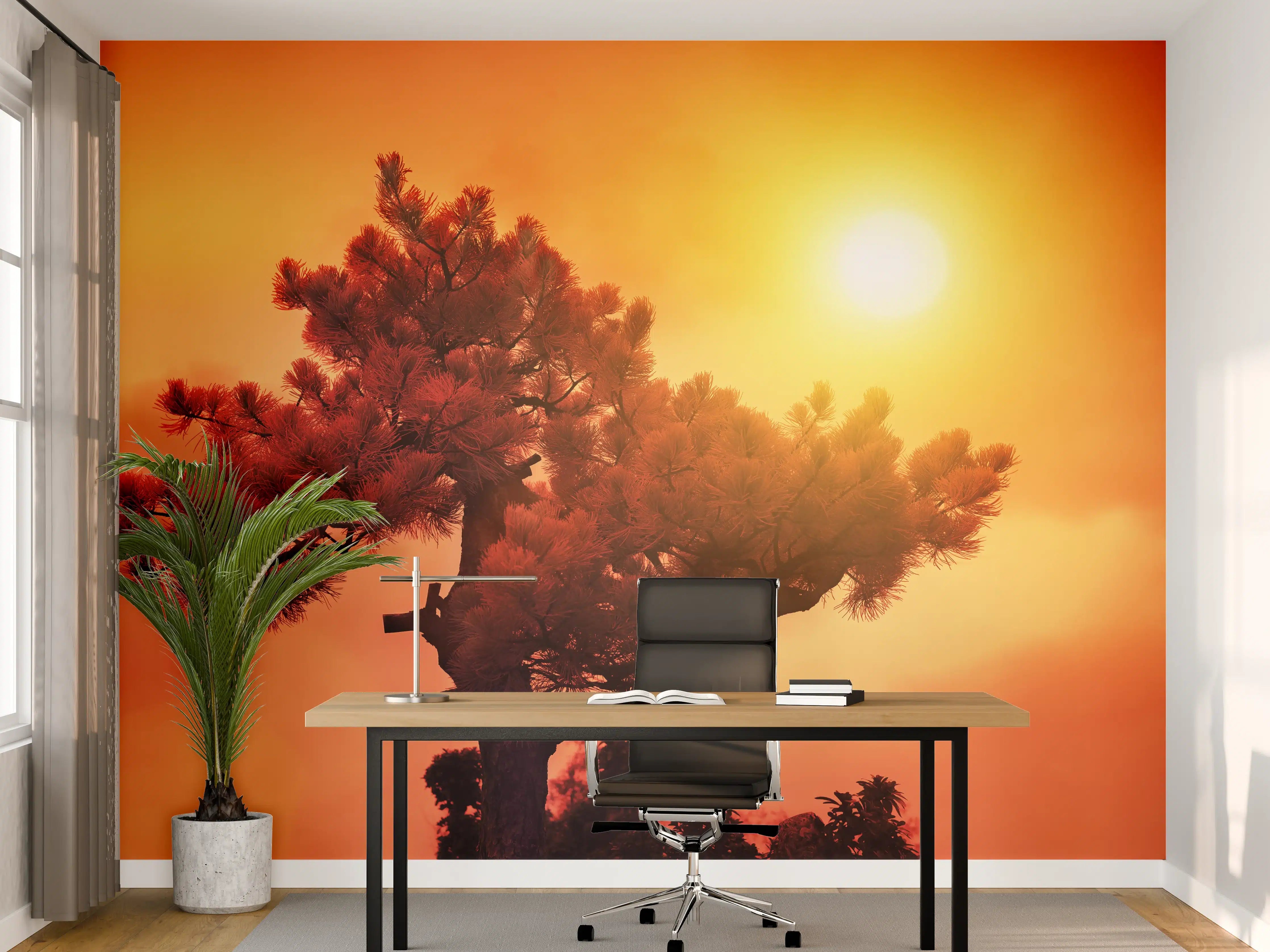 Büro Wandgestaltung - Sonnenuntergang über einem Baum mit warmen Farbtönen