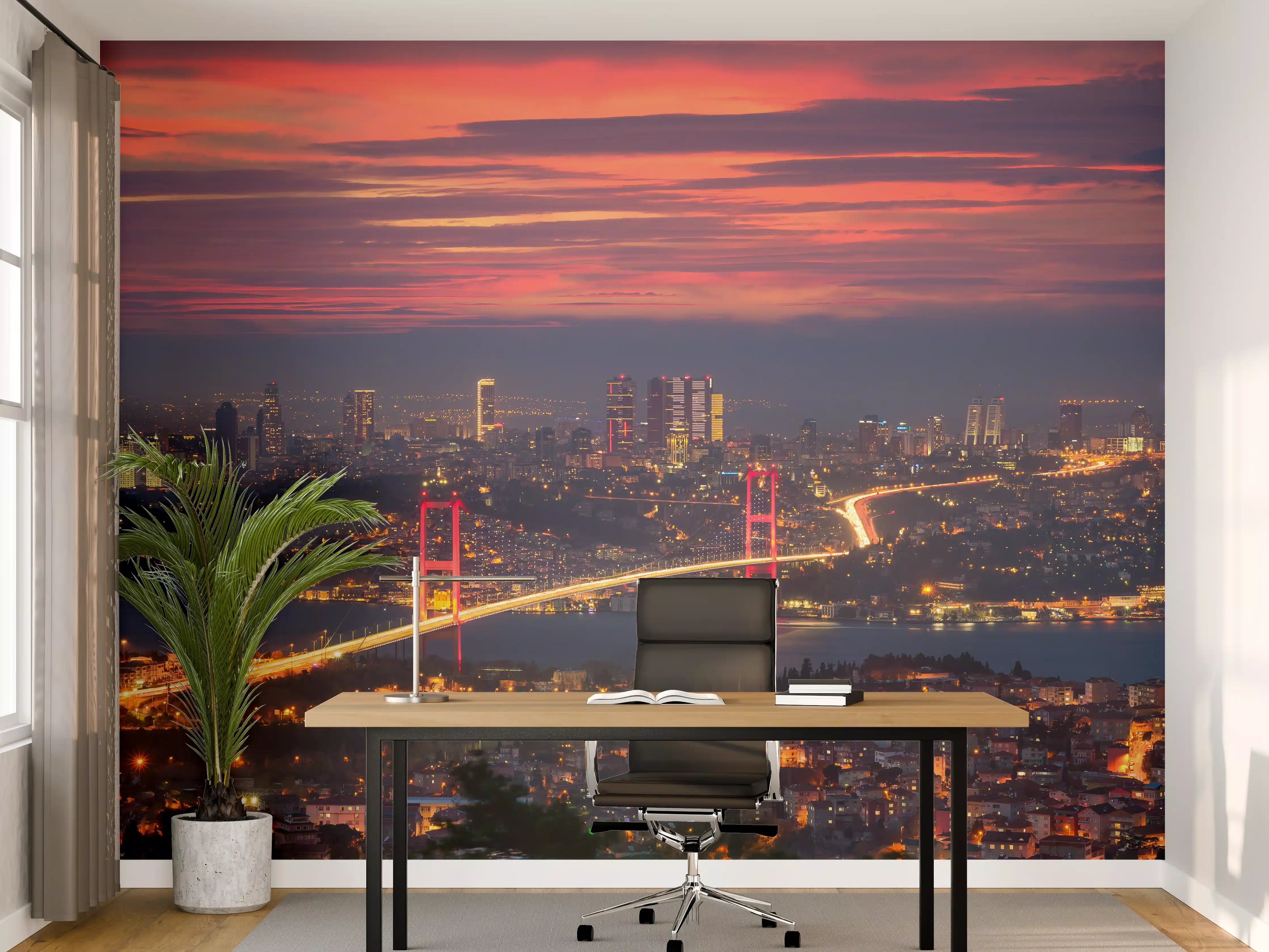 Büro Wandgestaltung - Sonnenuntergang über grauen Stadtlichtern