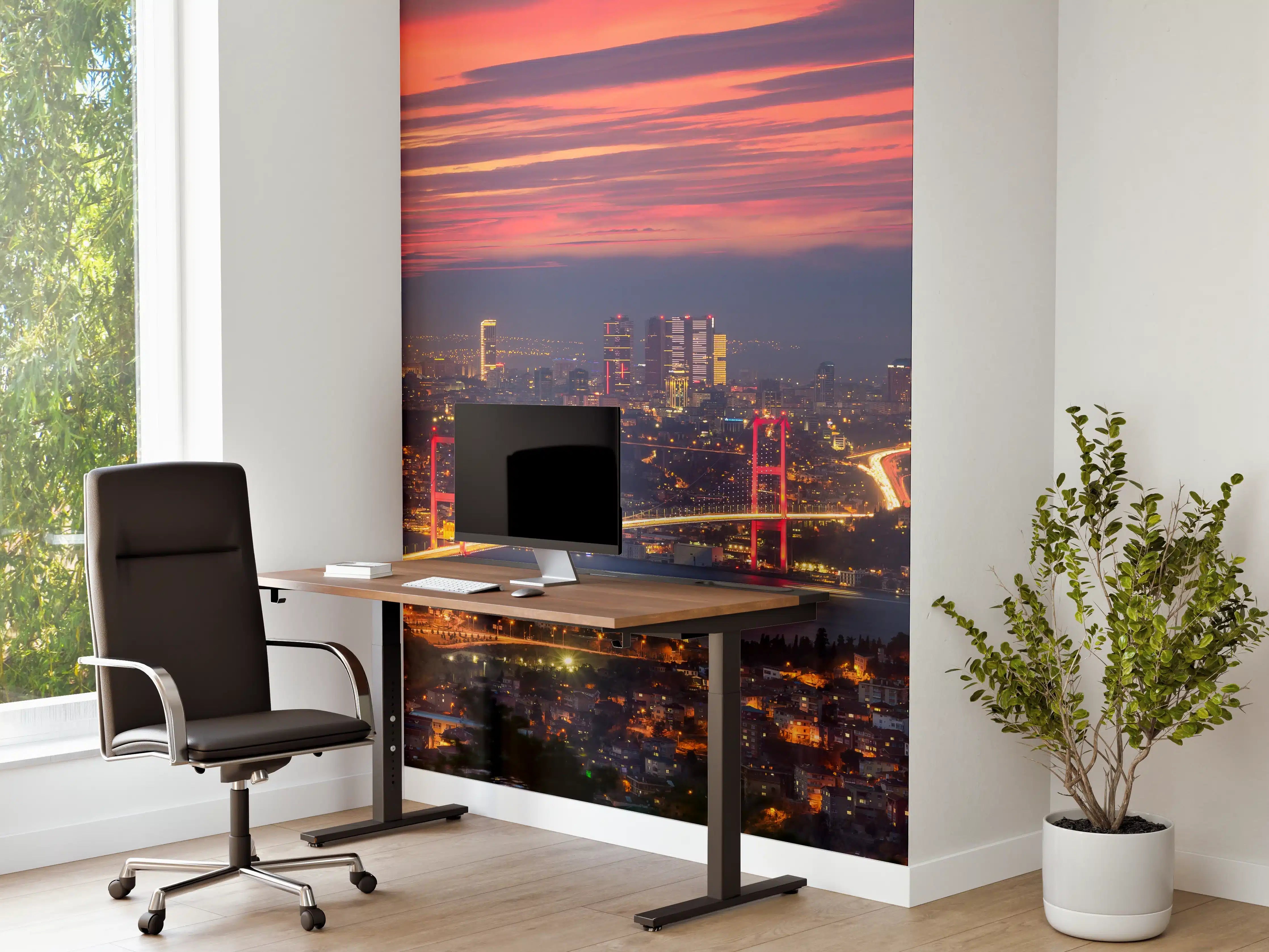 Büro Wandgestaltung - Sonnenuntergang über grauen Stadtlichtern