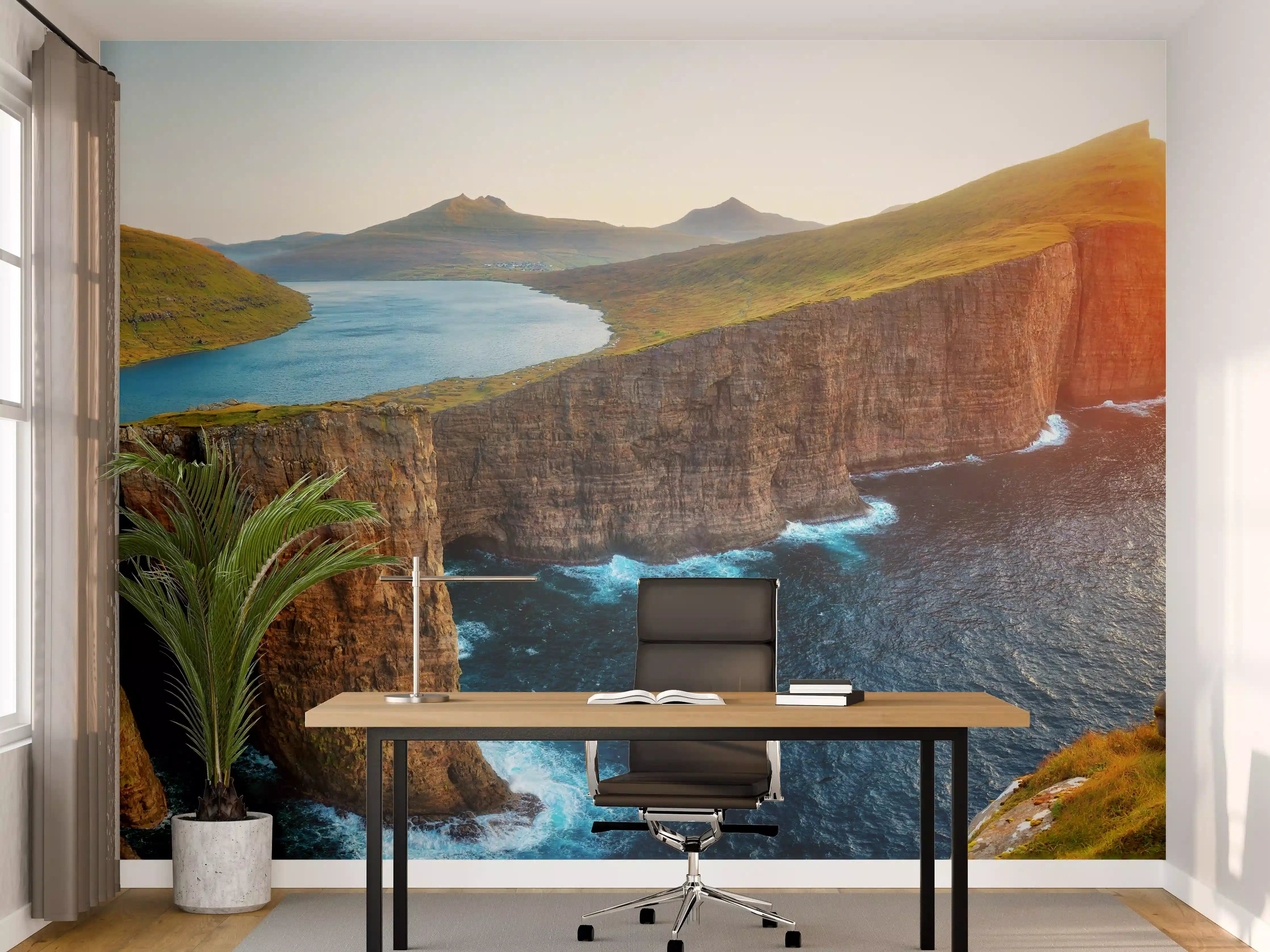 Büro Wandgestaltung - Sorvagsvatn See und mit Wasserfall ins Meer an der Färöer