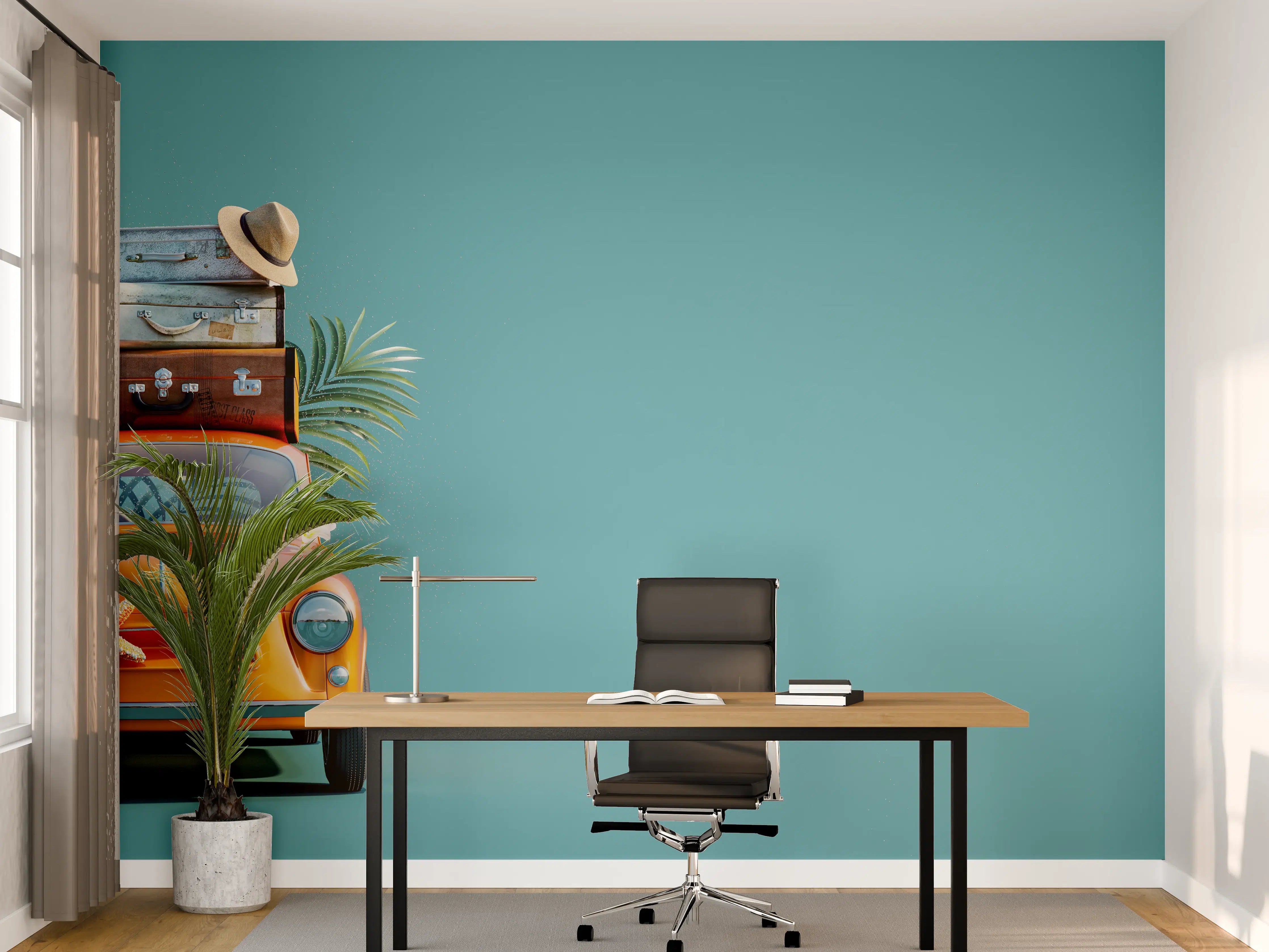 Büro Wandgestaltung - Spielzeugauto mit Reisegepäck - blauer Hintergrund