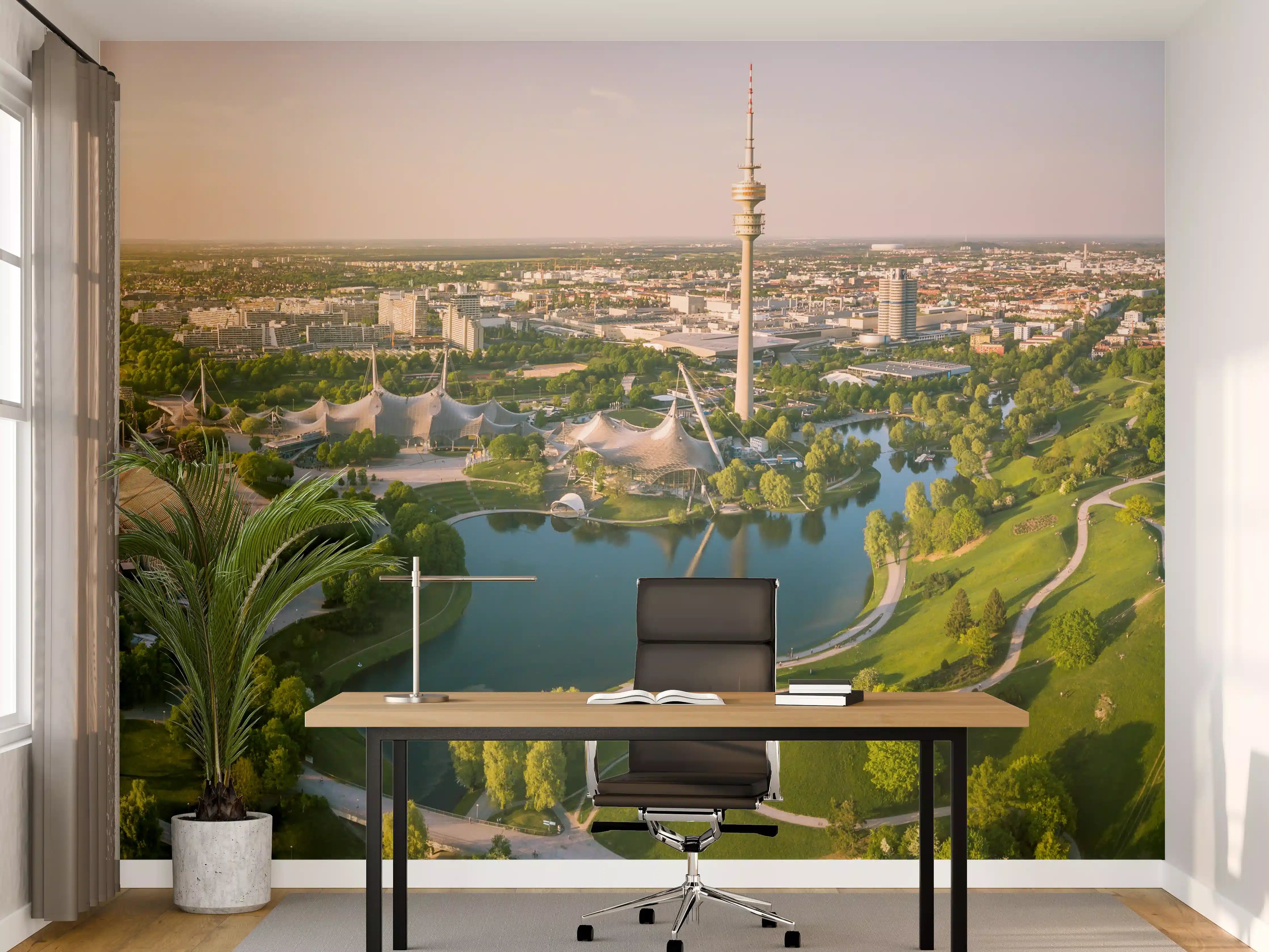 Büro Wandgestaltung - Stadtpark mit See und Fernsehturm bei Sonnenaufgang