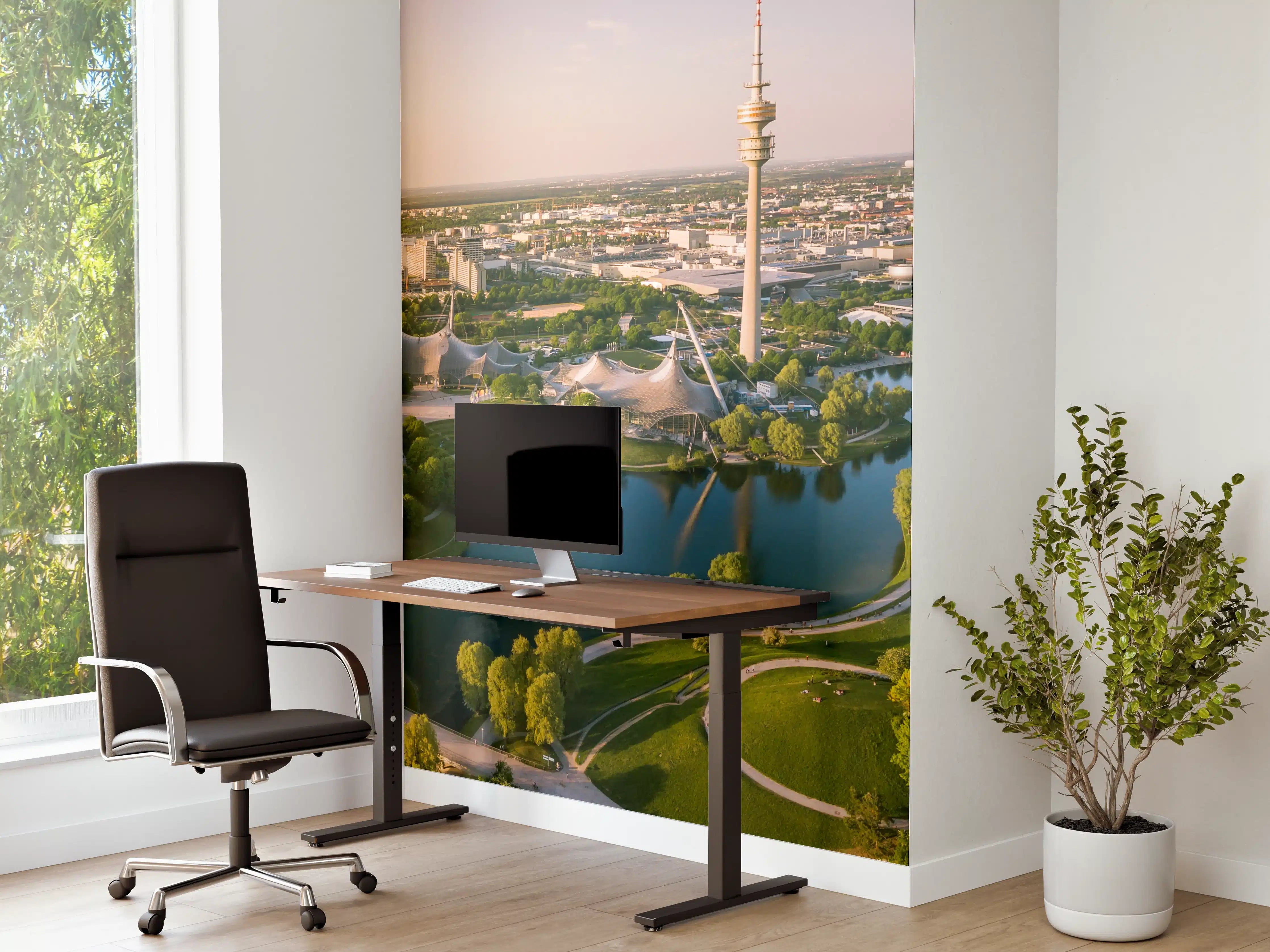 Büro Wandgestaltung - Stadtpark mit See und Fernsehturm bei Sonnenaufgang