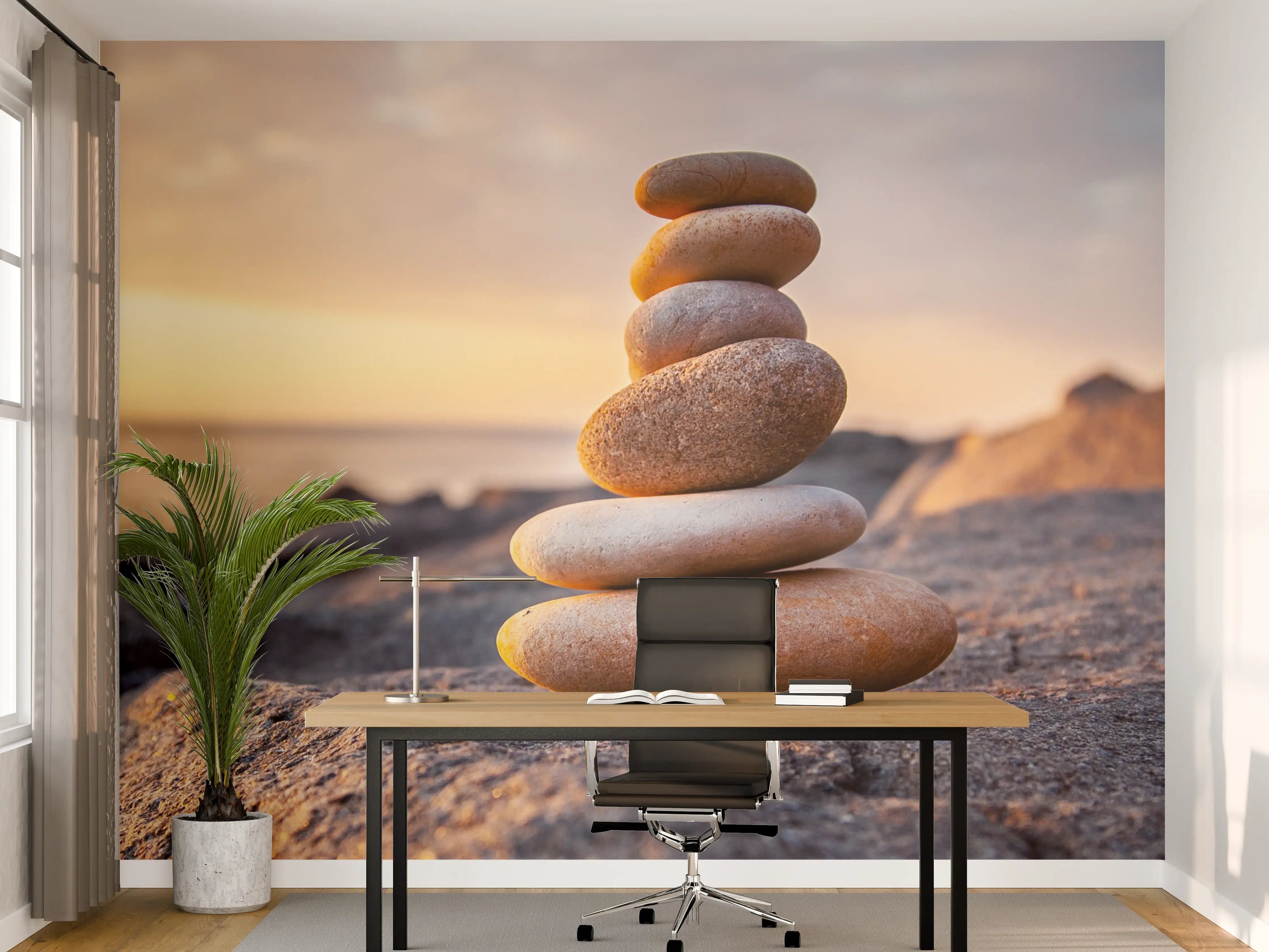 Büro Wandgestaltung - Steinbalance am Strand bei Sonnenuntergang