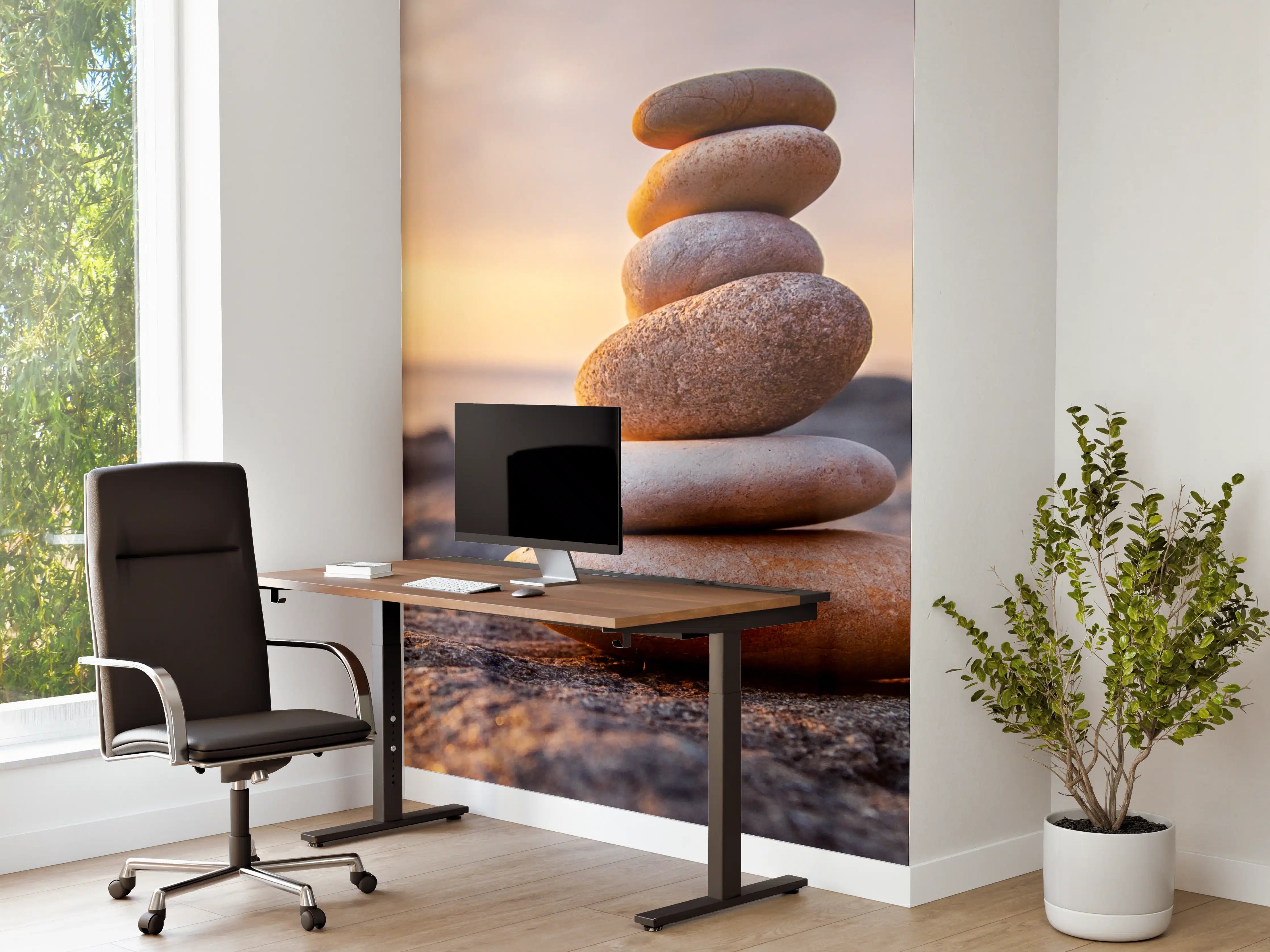 Büro Wandgestaltung - Steinbalance am Strand bei Sonnenuntergang