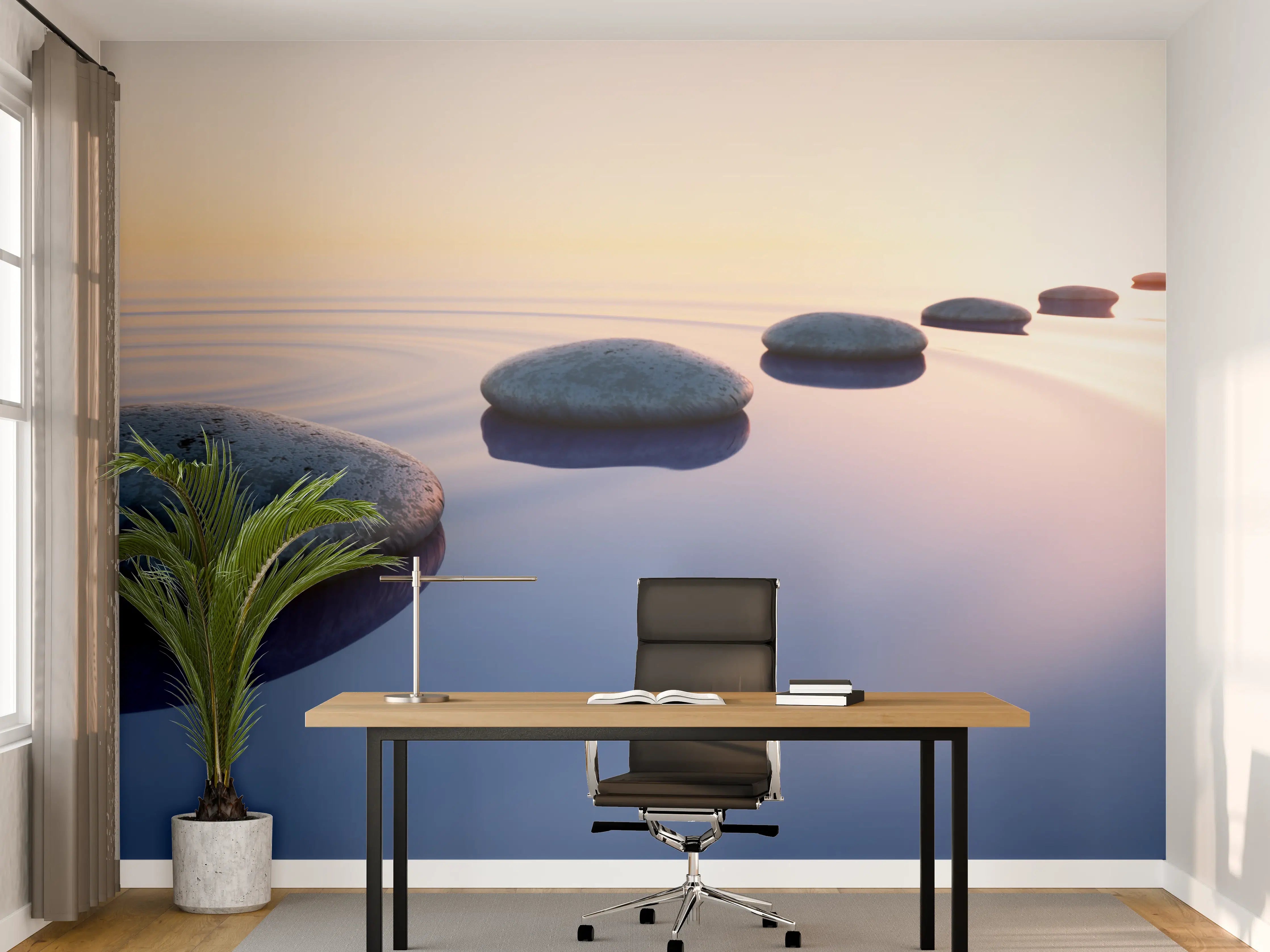 Büro Wandgestaltung - Steine im See bei Sonnenaufgang