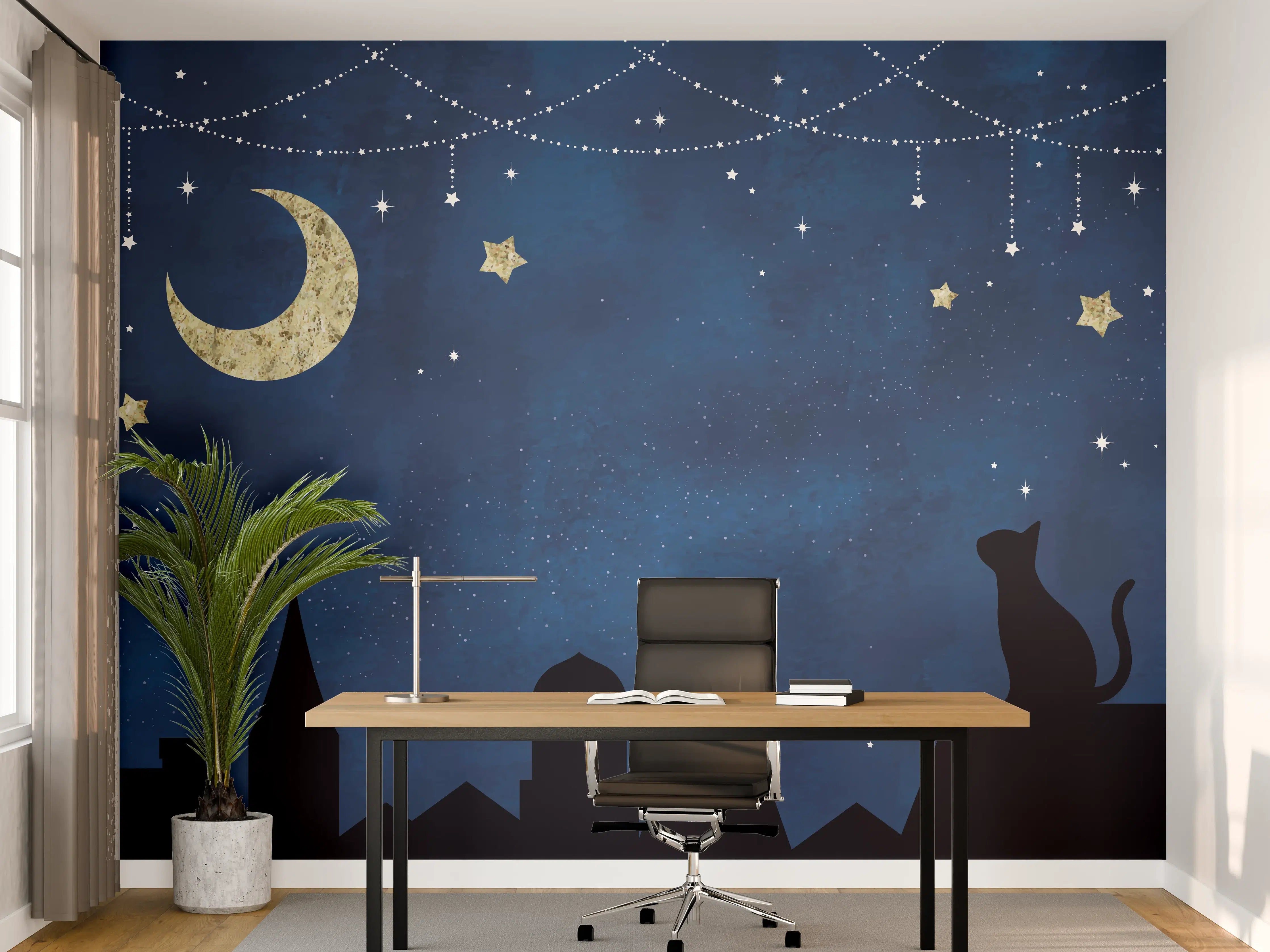 Büro Wandgestaltung - Sternennacht Katzen Silhouette