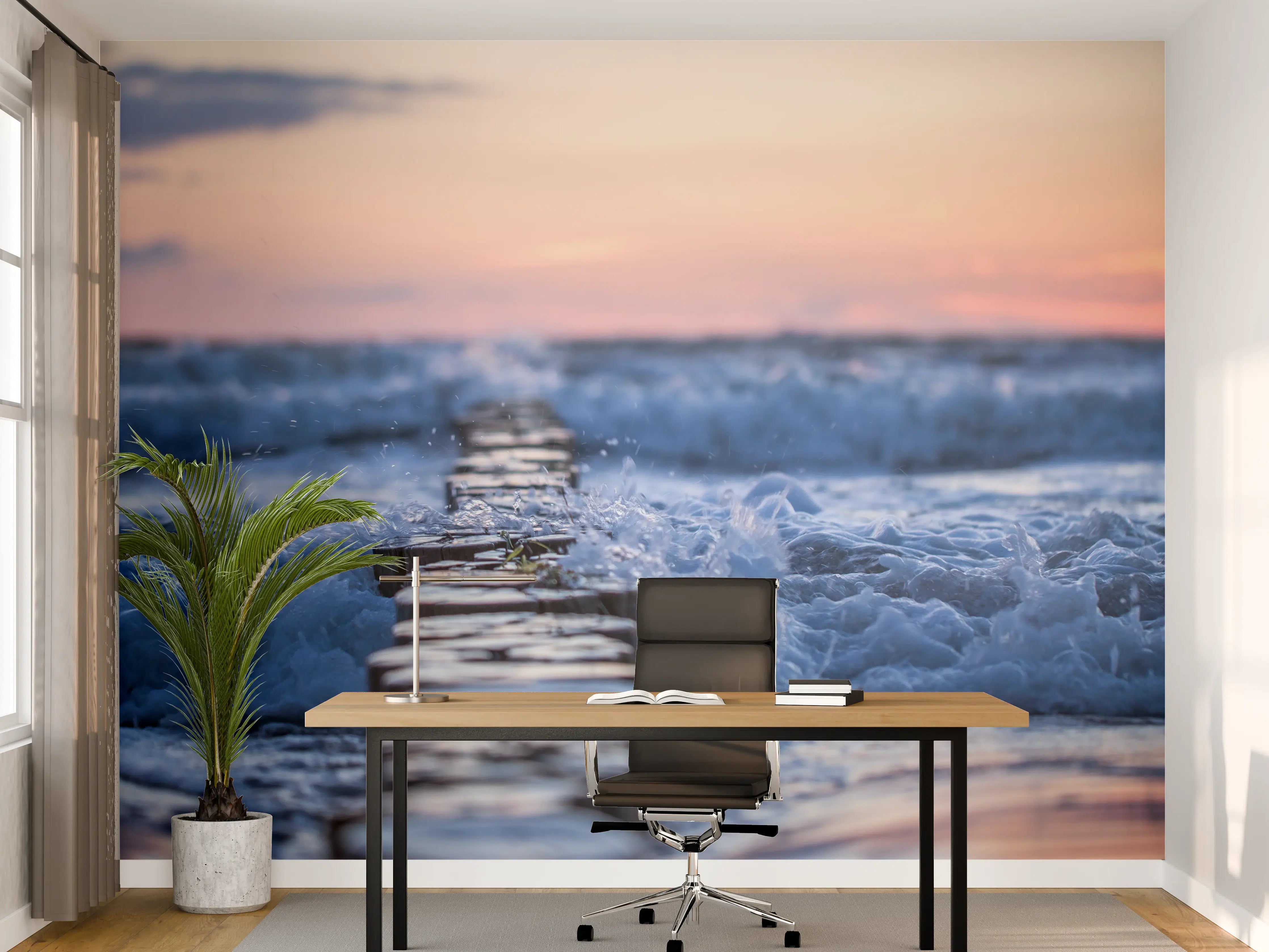 Büro Wandgestaltung - Stimmungsvoller Sonnenuntergang über graublauem Meer