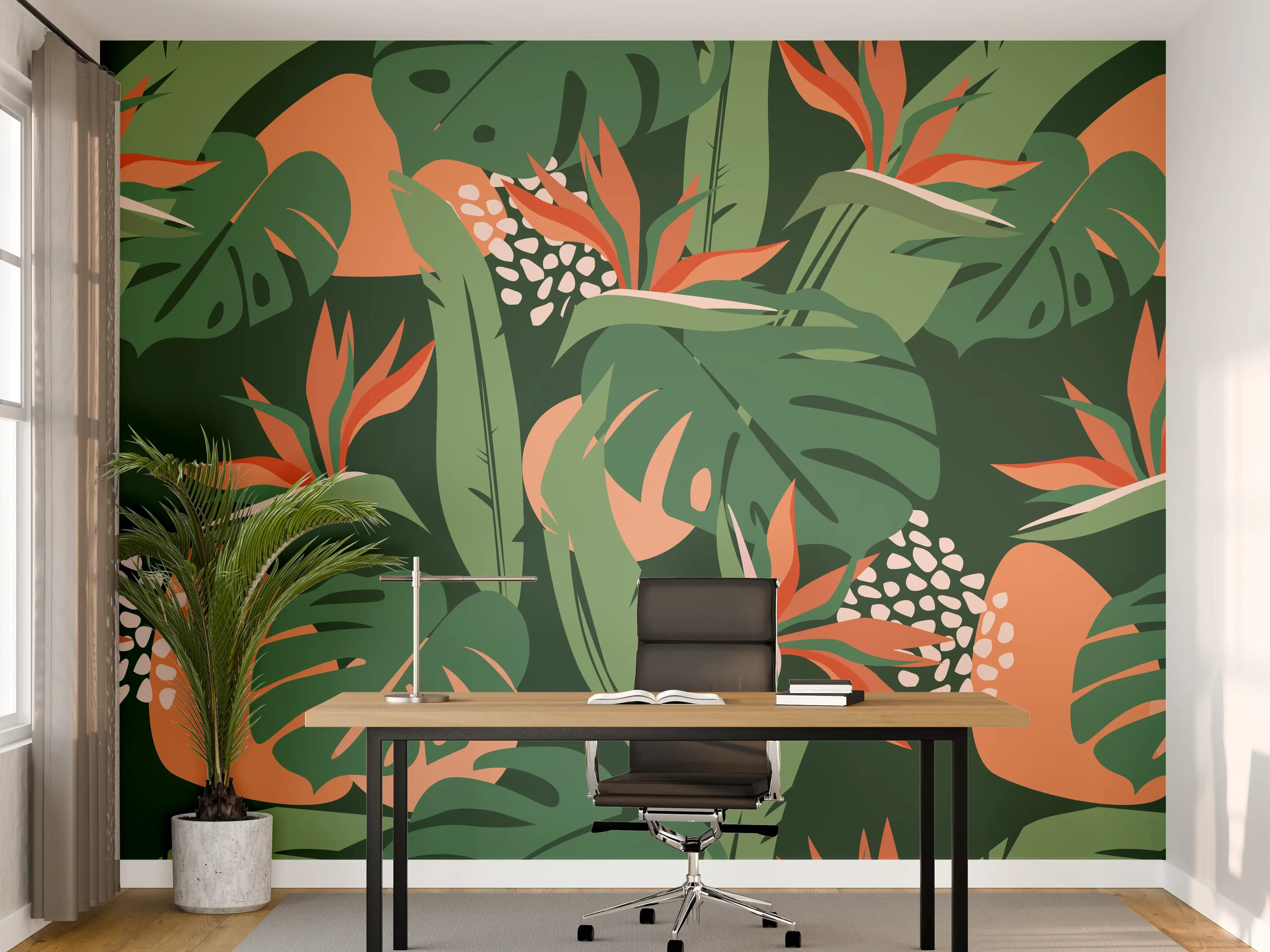 Büro Wandgestaltung - Strelitzia Tropenblatt Grün-Orange