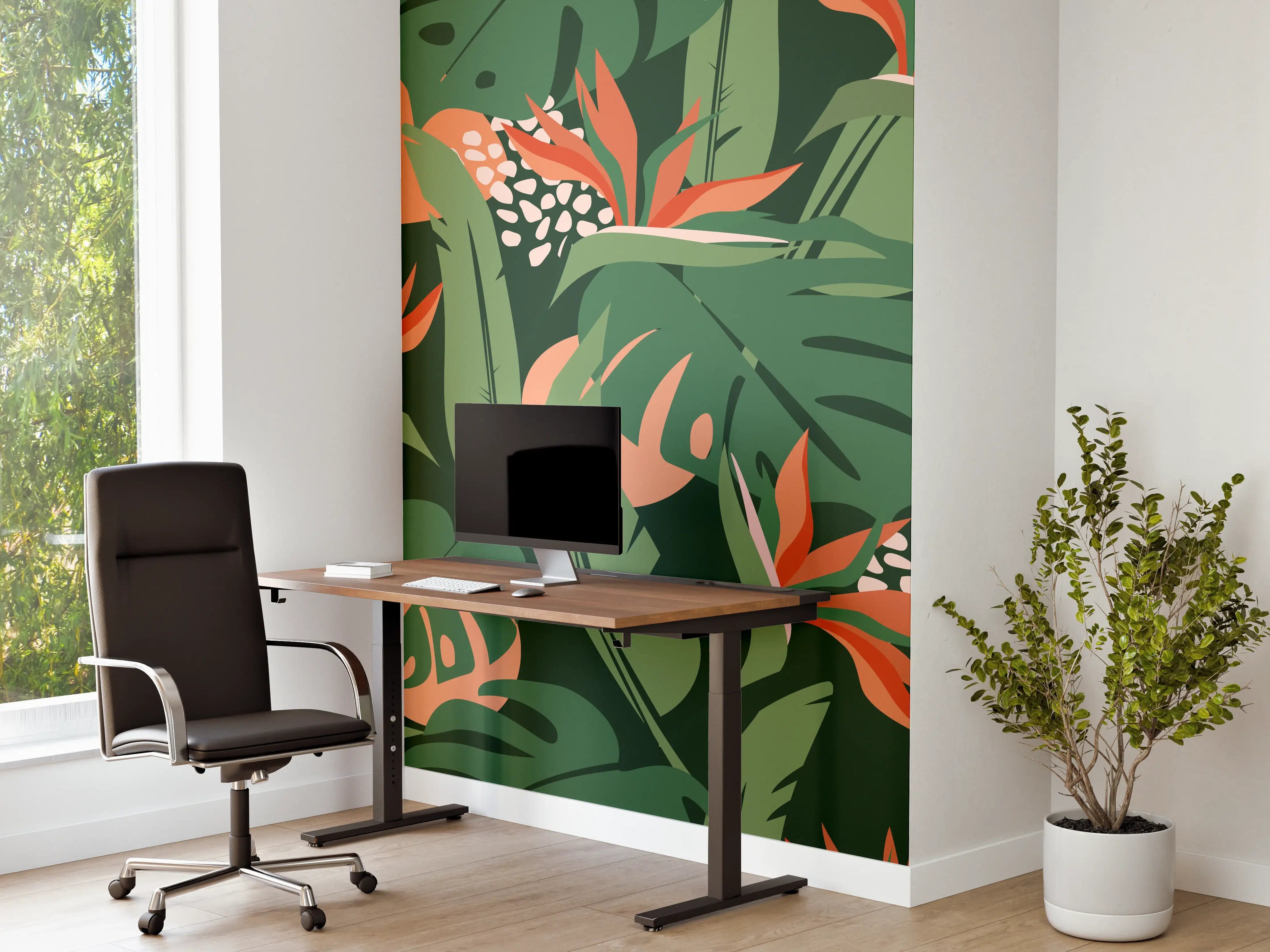 Büro Wandgestaltung - Strelitzia Tropenblatt Grün-Orange