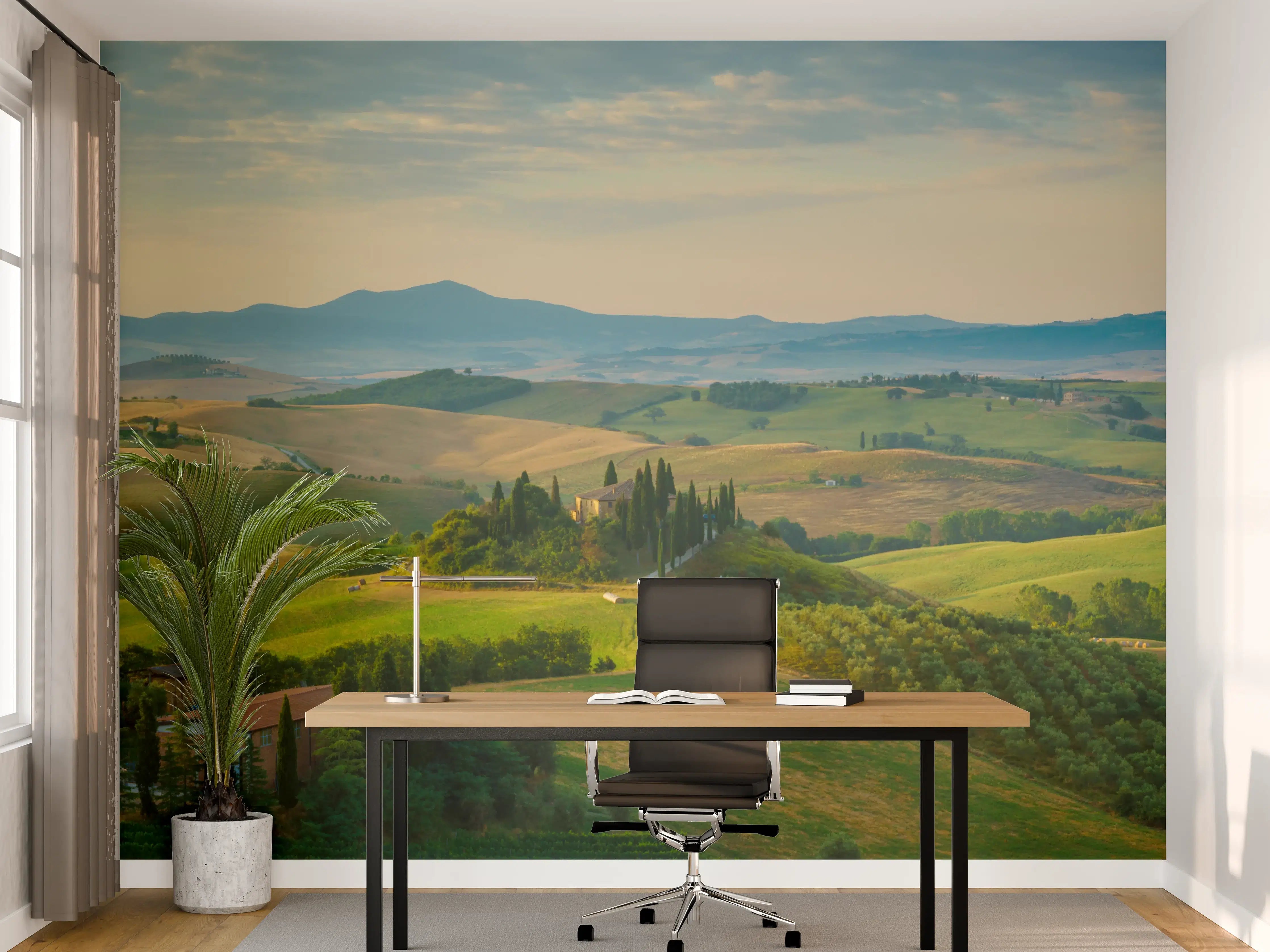 Büro Wandgestaltung - Toskana Hügellandschaft Grün-Gold