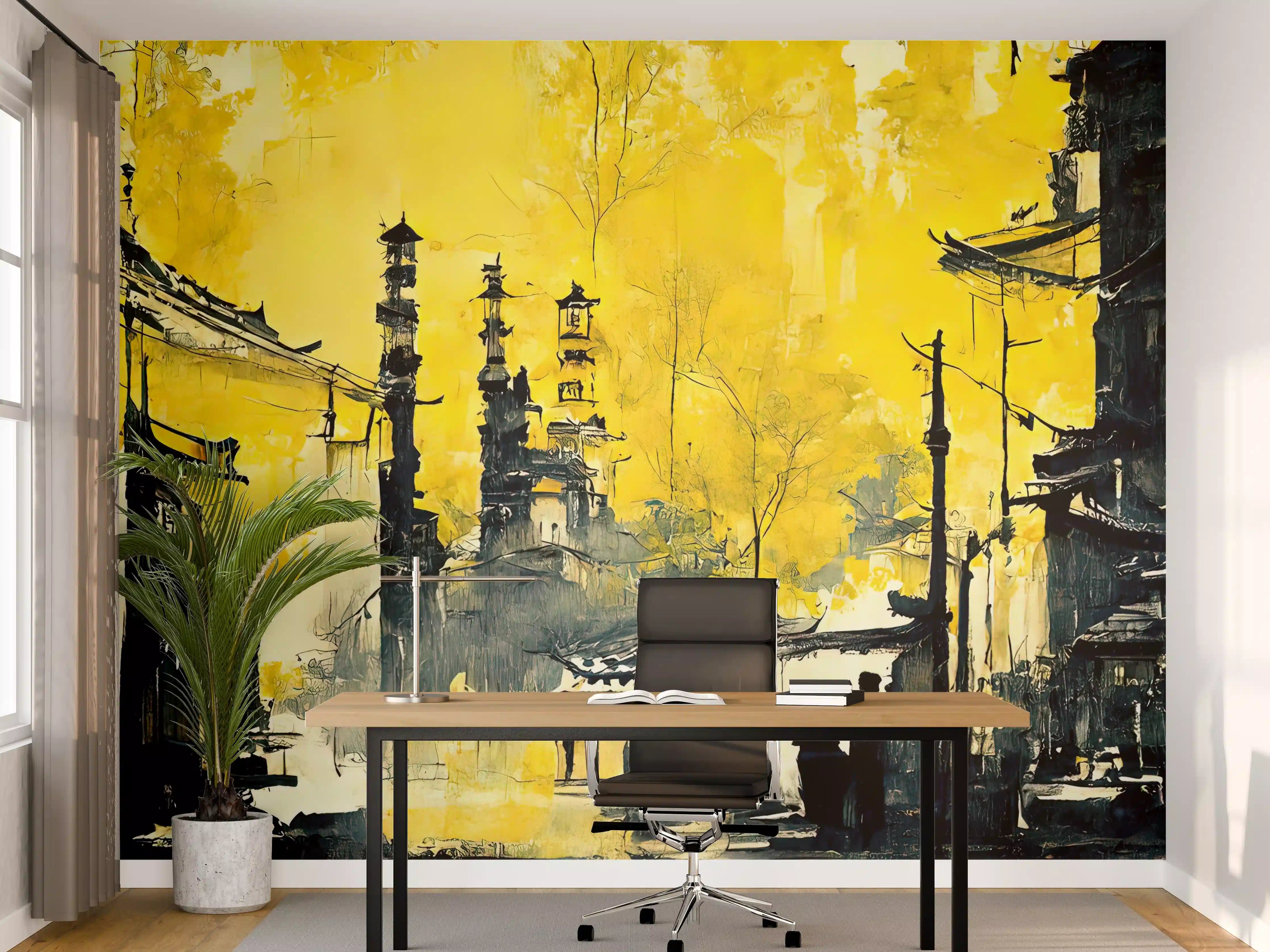 Büro Wandgestaltung - Traditionelles asiatisches Stadtbild in Gelb und Schwarz