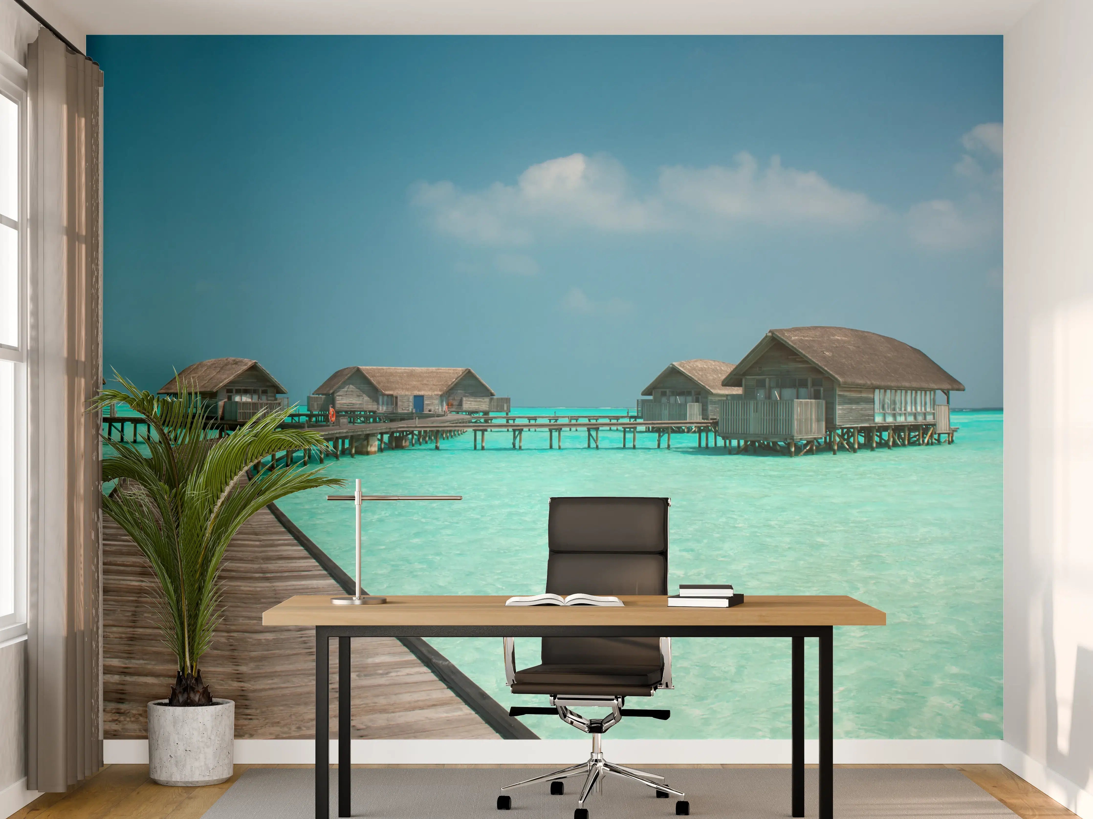 Büro Wandgestaltung - Traumhafte Insel mit Steg und Overwater Bungalows
