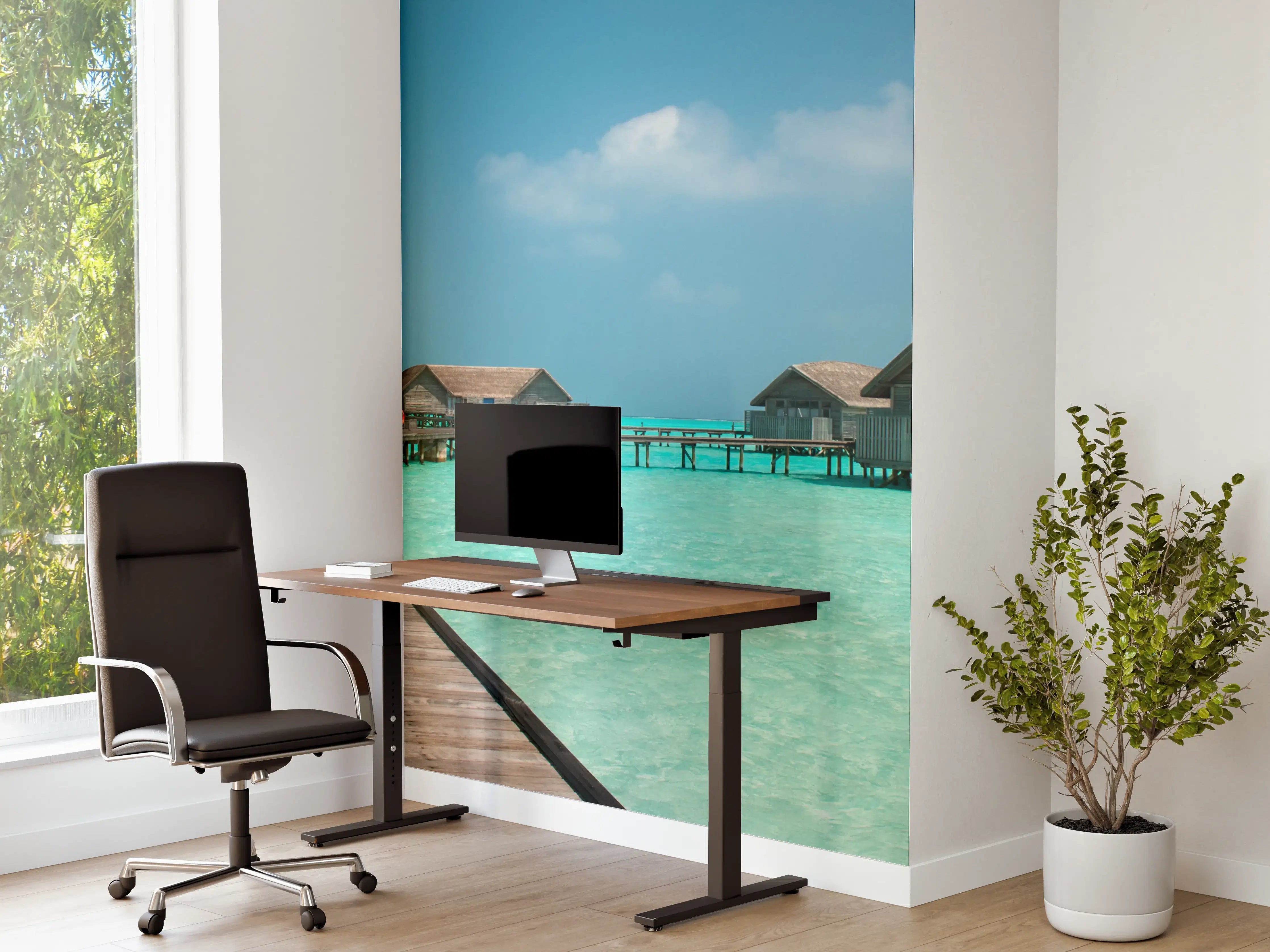 Büro Wandgestaltung - Traumhafte Insel mit Steg und Overwater Bungalows