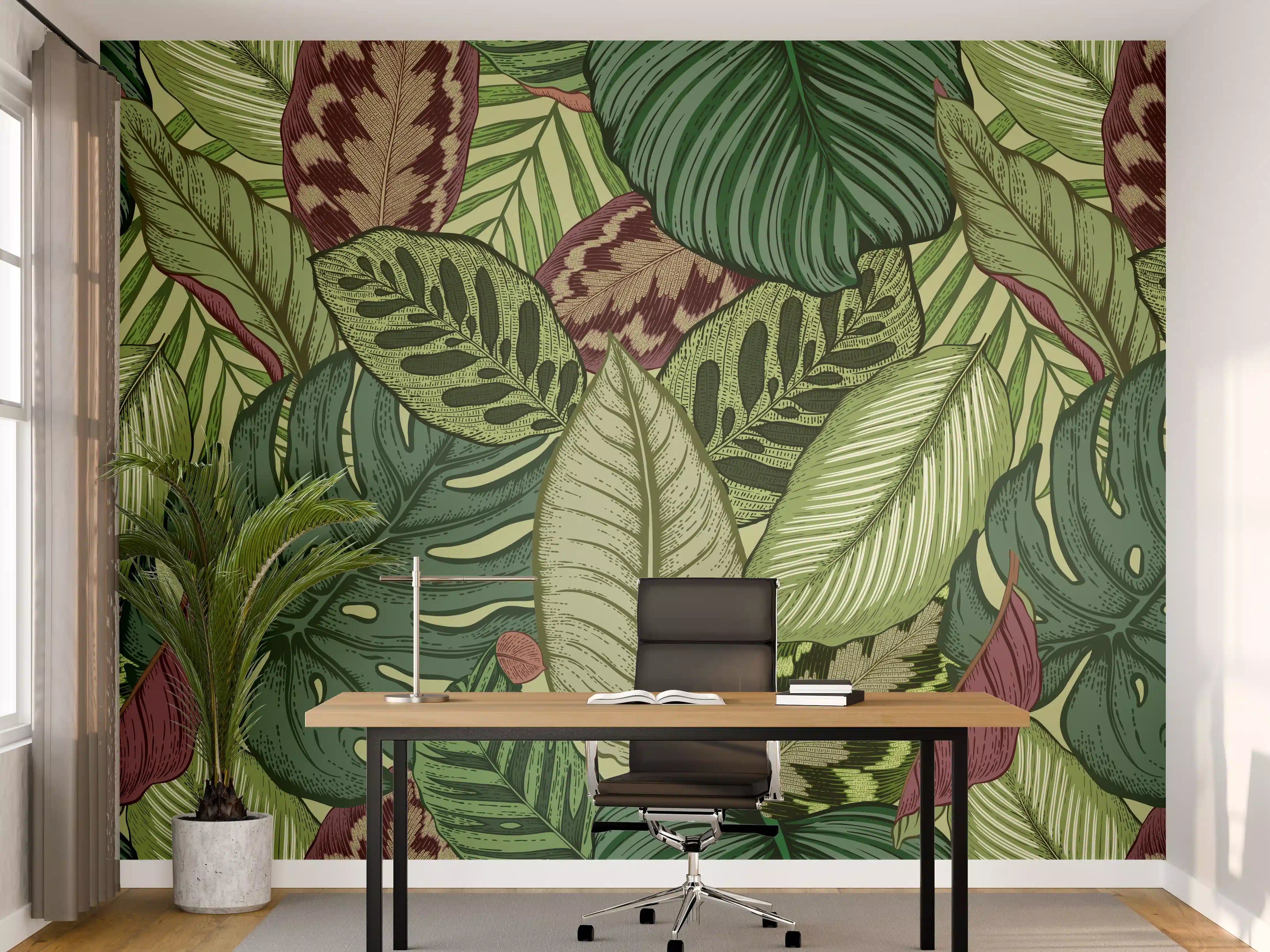 Büro Wandgestaltung - Tropische Blätter Grün-Beige