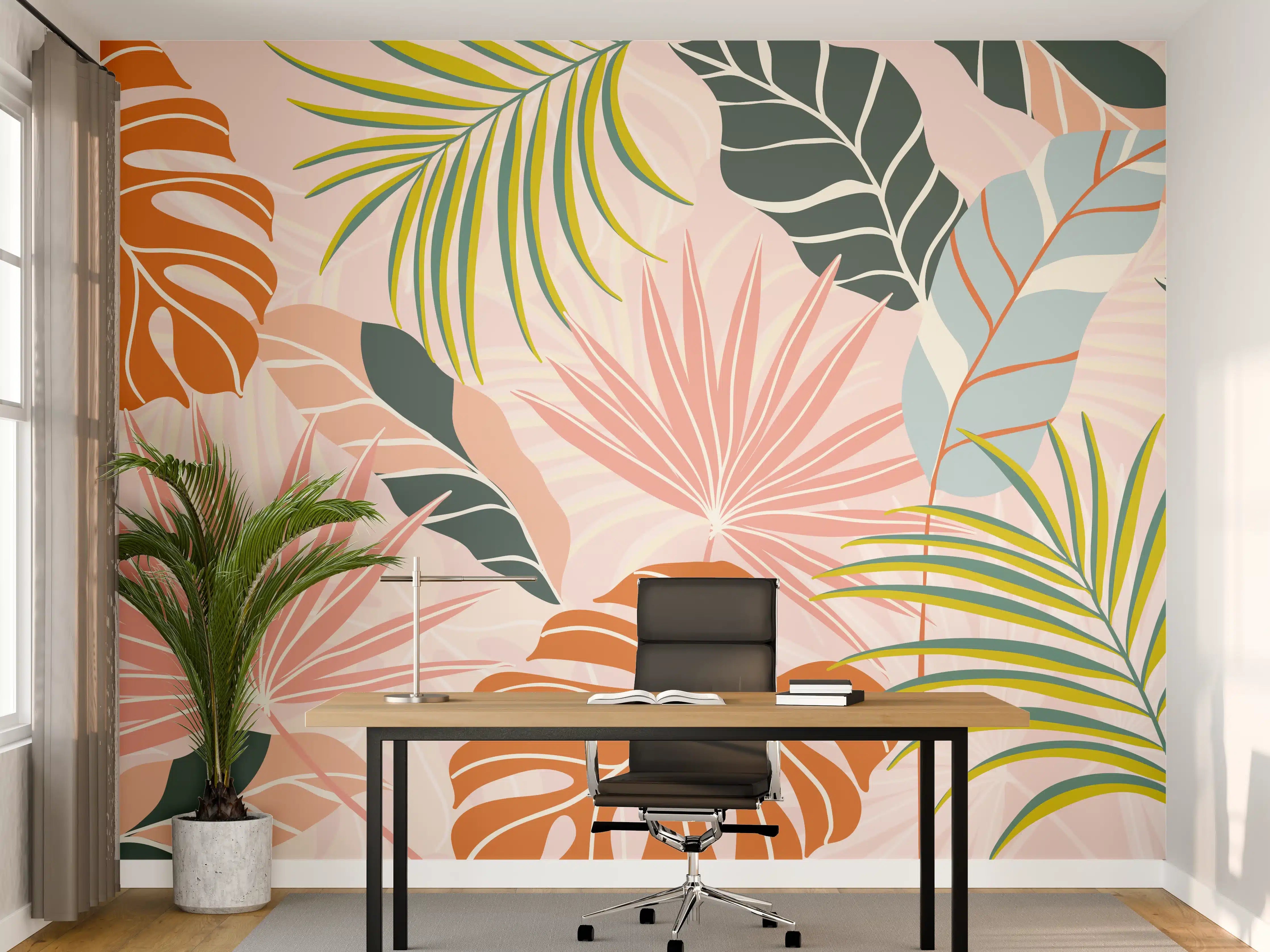 Büro Wandgestaltung - Tropische Blätter Pastell Tapete