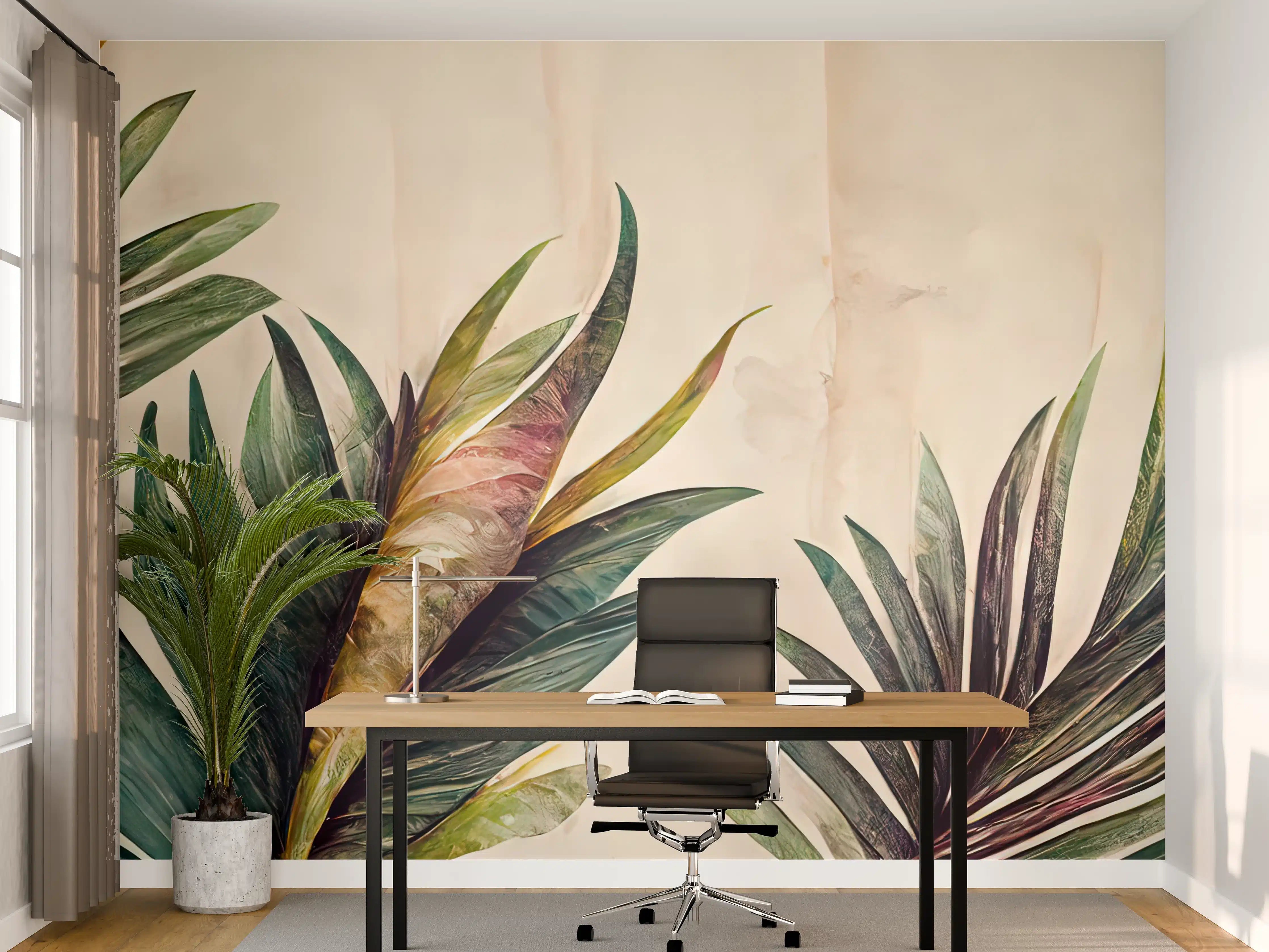Büro Wandgestaltung - Tropische Blätter in sanften Grün- und Beigetönen
