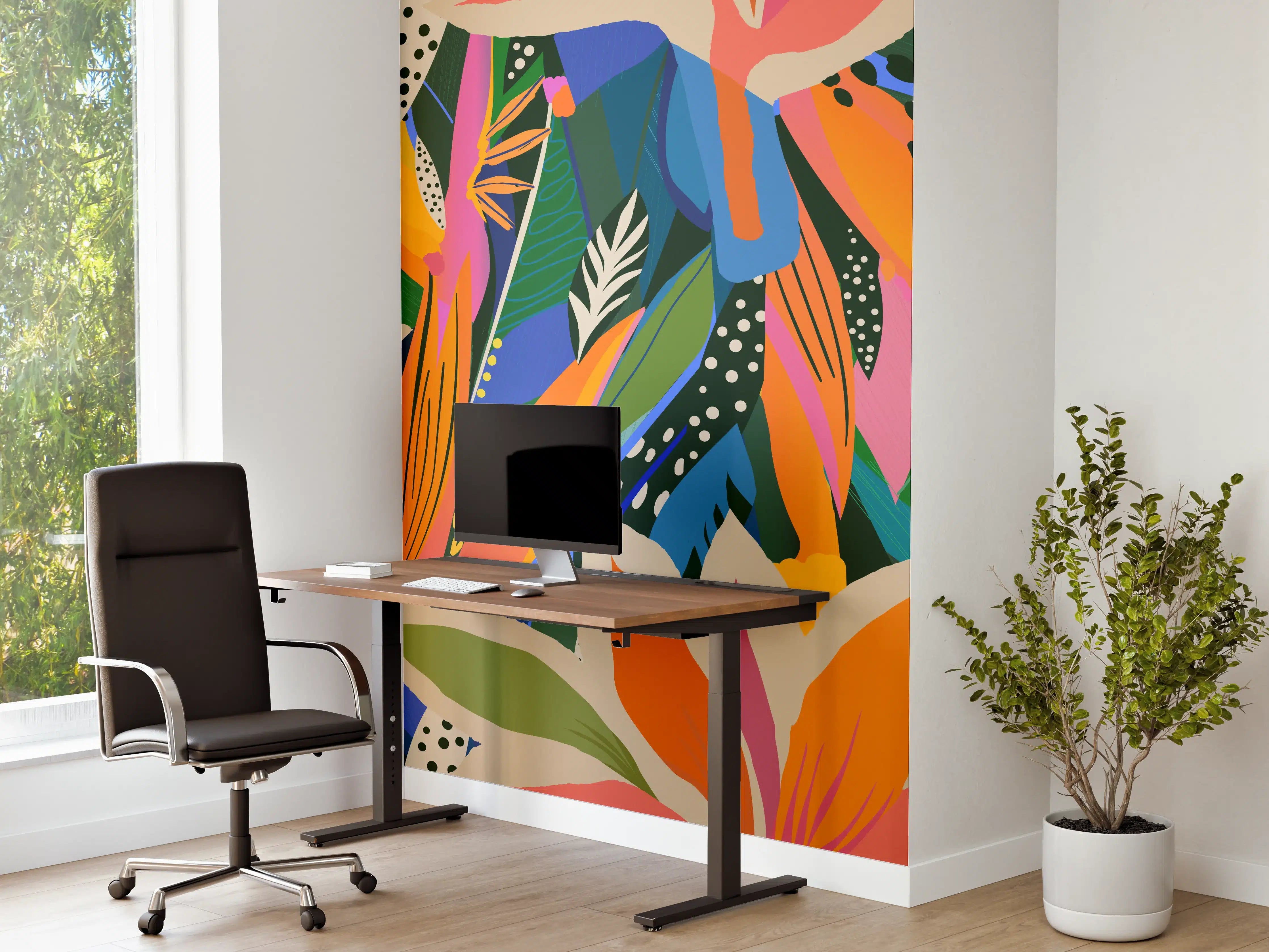 Büro Wandgestaltung - Tropische Blüten Blau-Orange-Grün