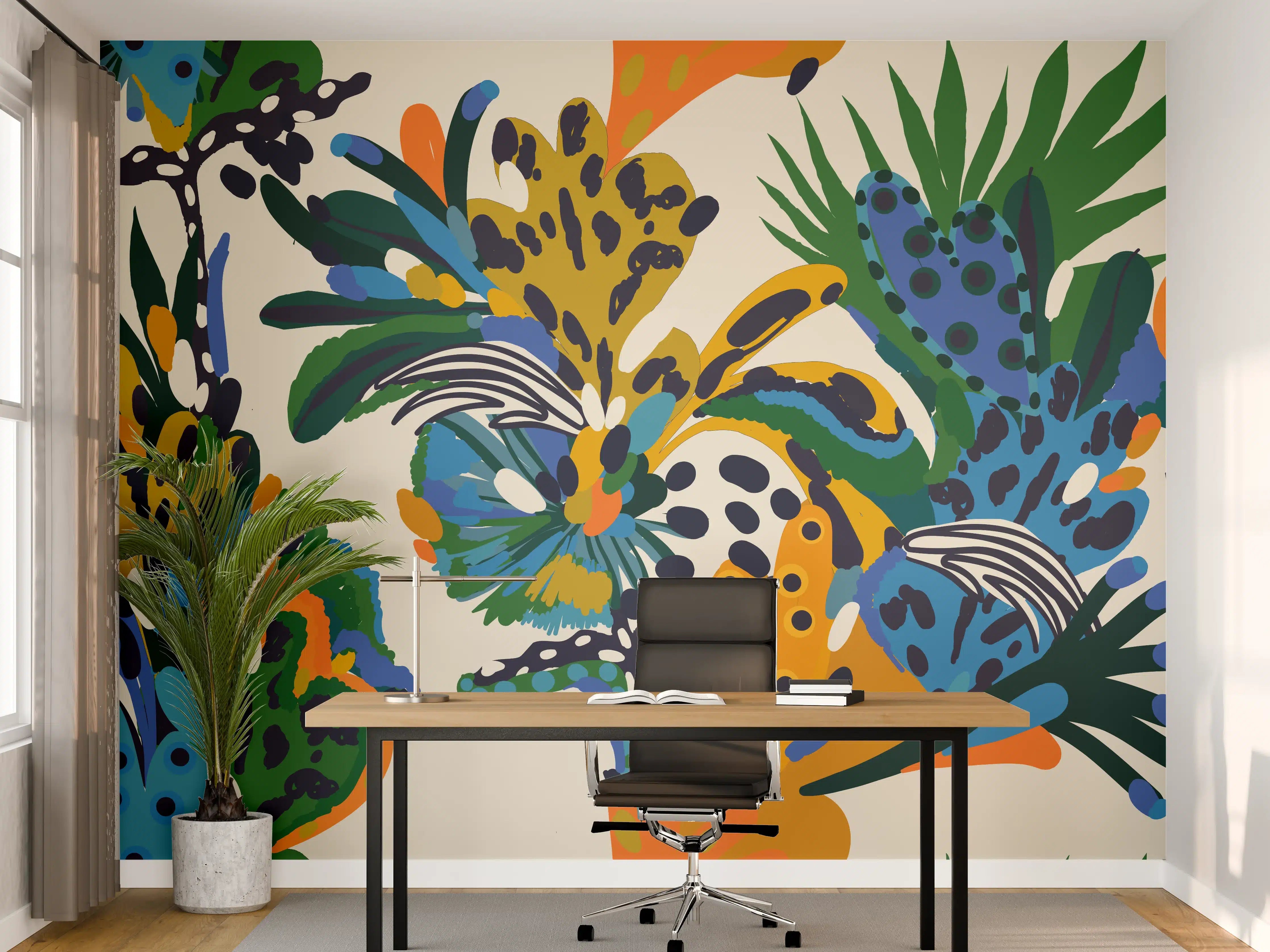 Büro Wandgestaltung - Tropische Blumen Blau Grün Orange