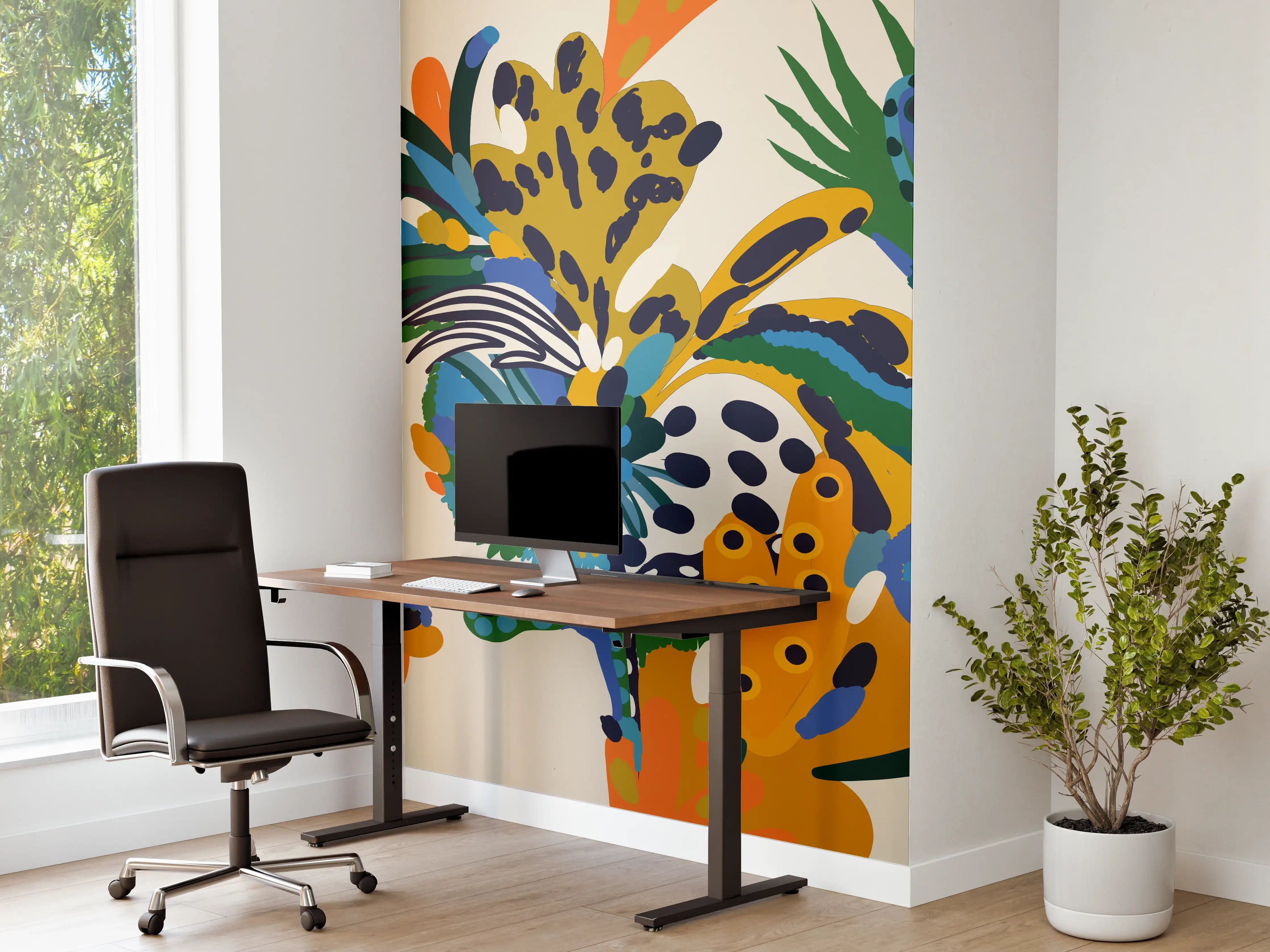 Büro Wandgestaltung - Tropische Blumen Blau Grün Orange