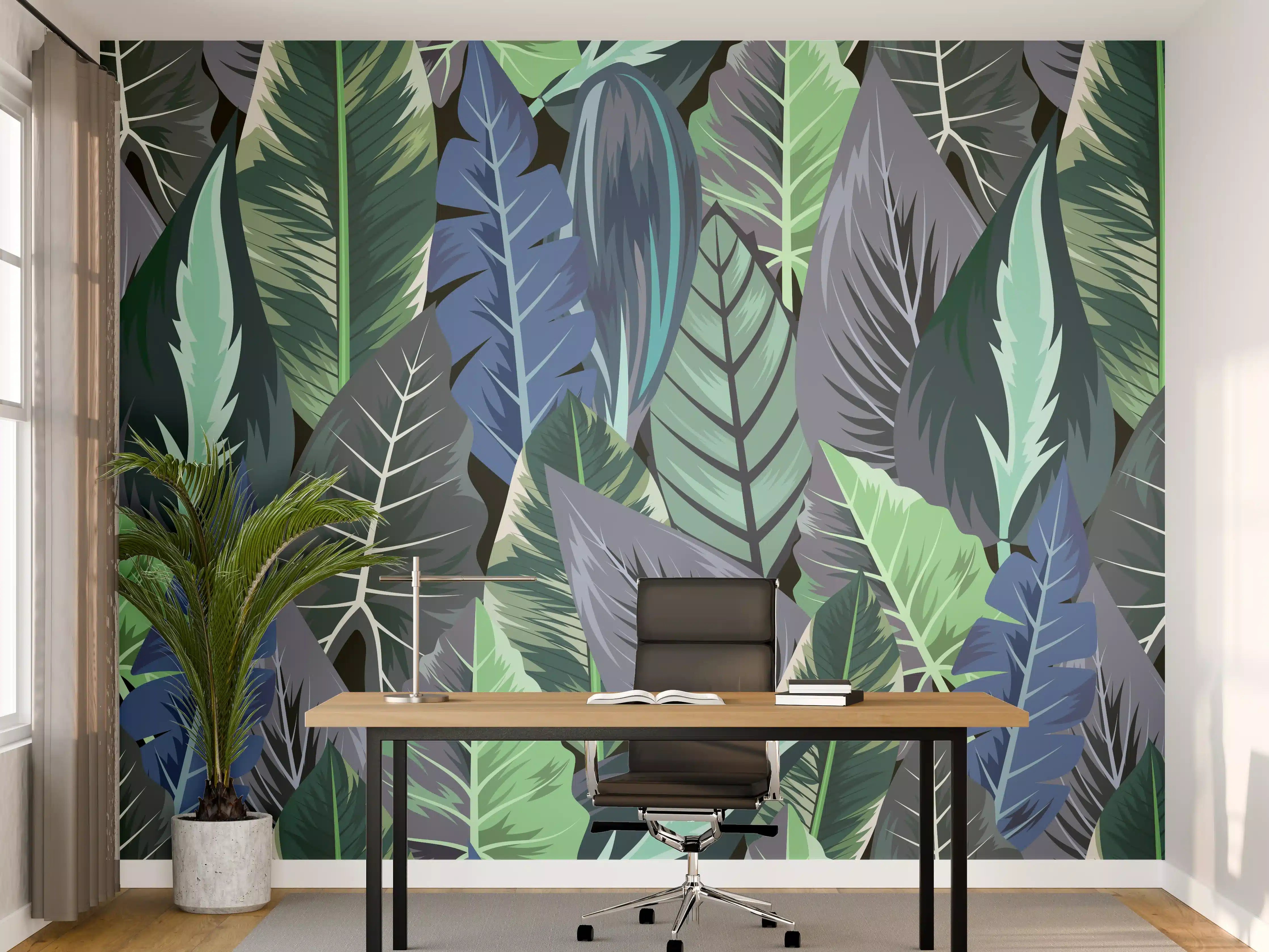 Büro Wandgestaltung - Tropisches Blatt-Labyrinth Grün-Blau