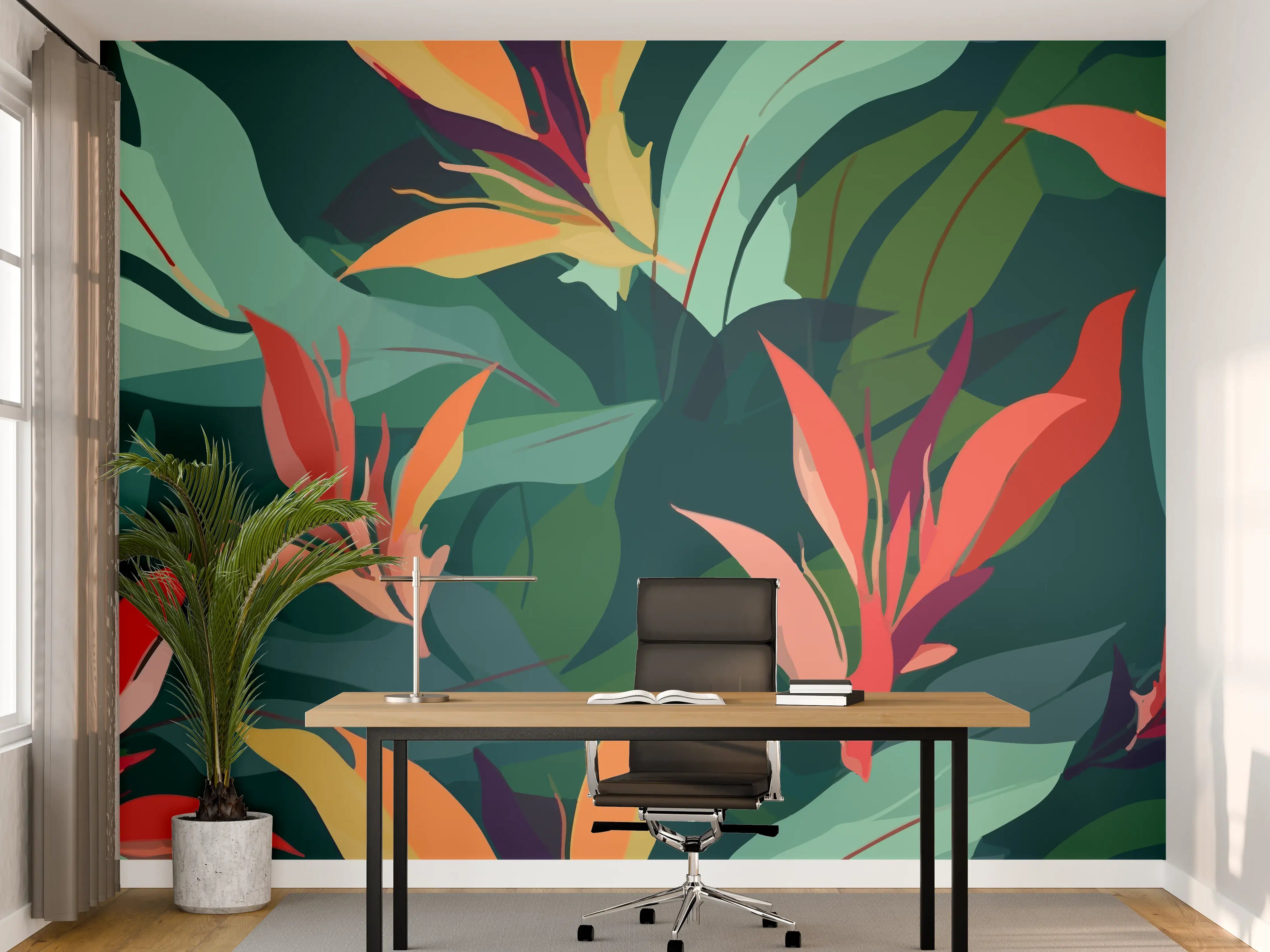Büro Wandgestaltung - Tropisches Blütenblattmuster Grün-Türkis