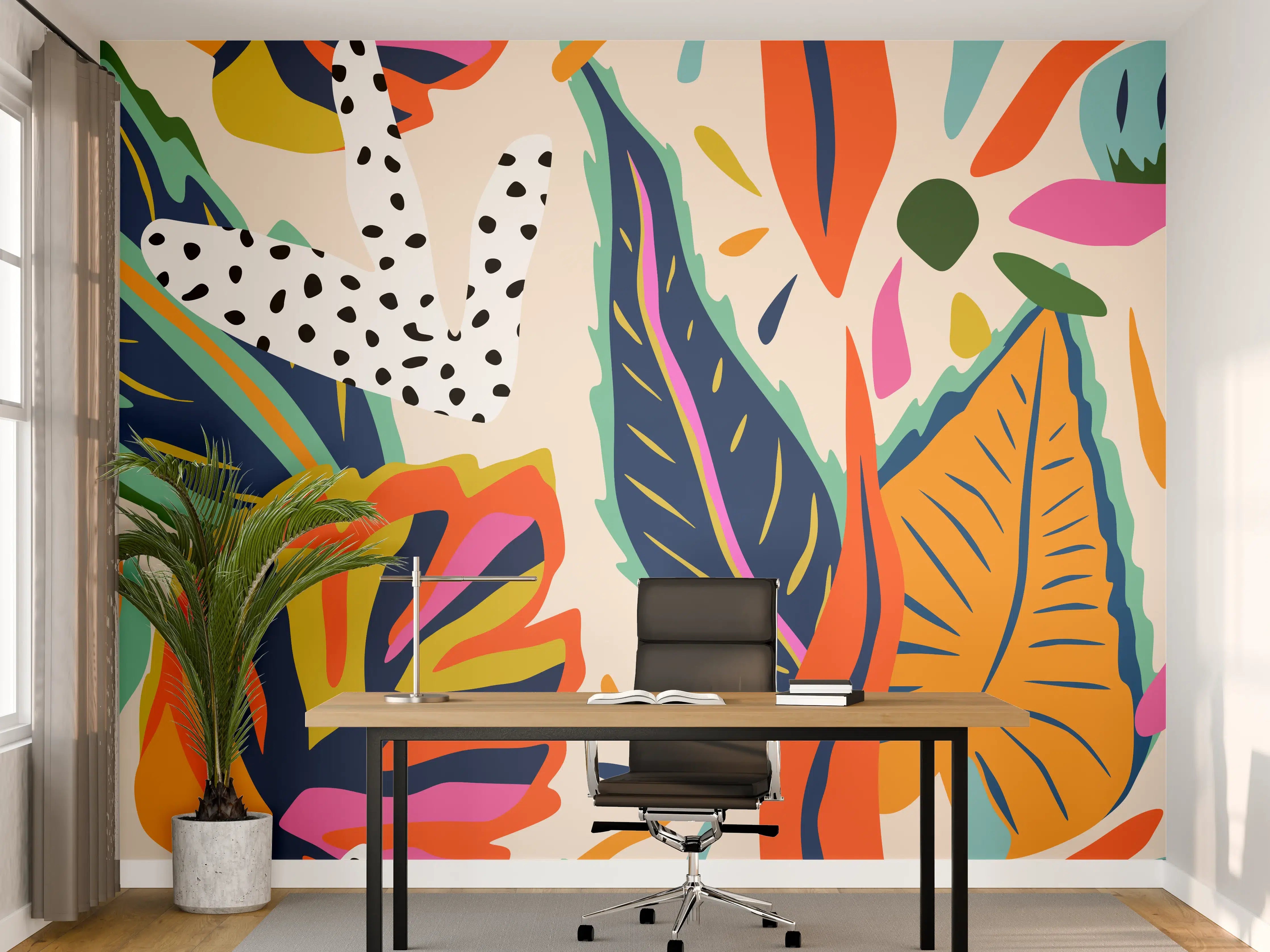 Büro Wandgestaltung - Tropisches Blumenmuster Orange-Türkis