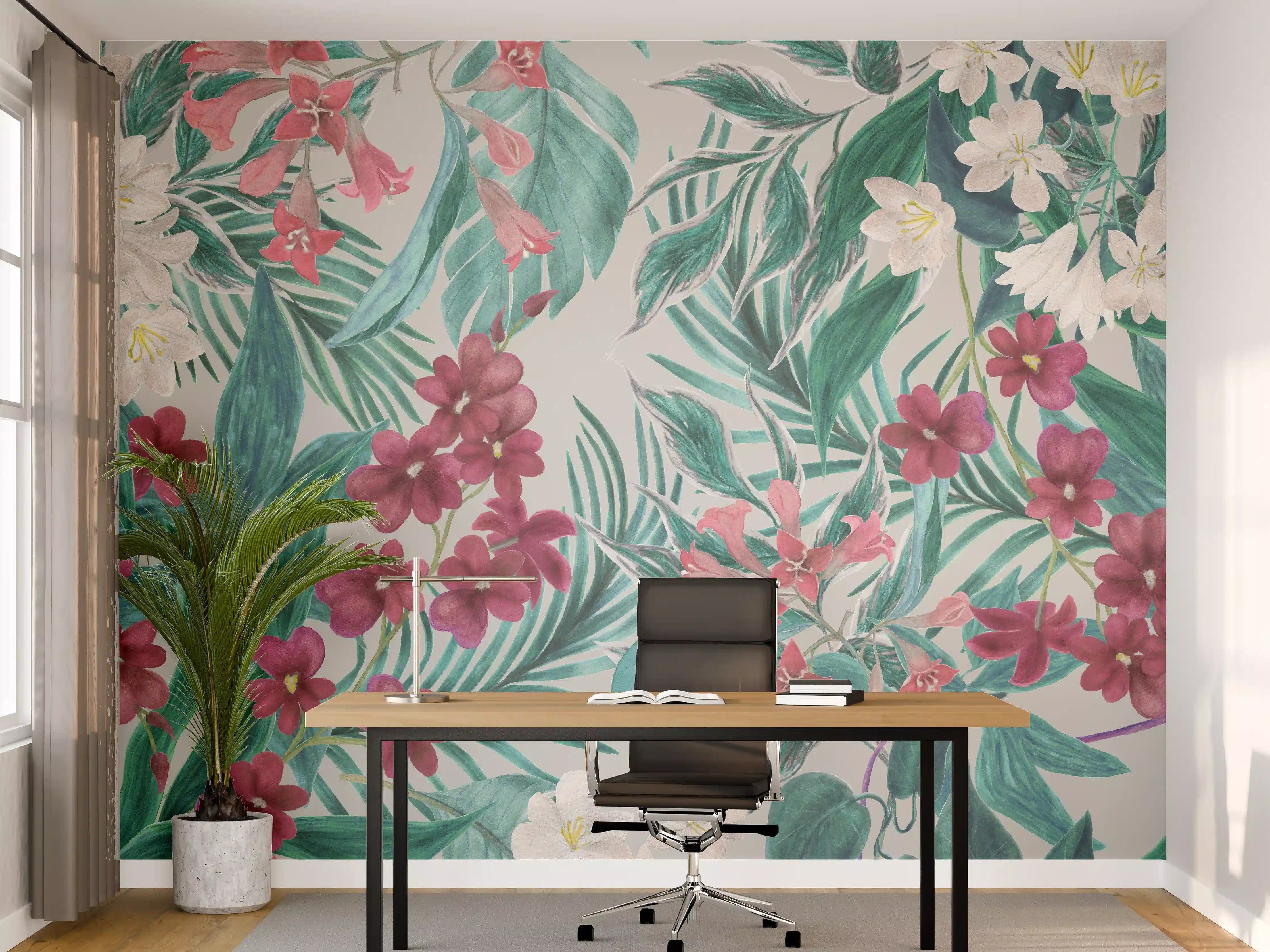 Büro Wandgestaltung - Tropisches Blumenmuster Rosa-Grau