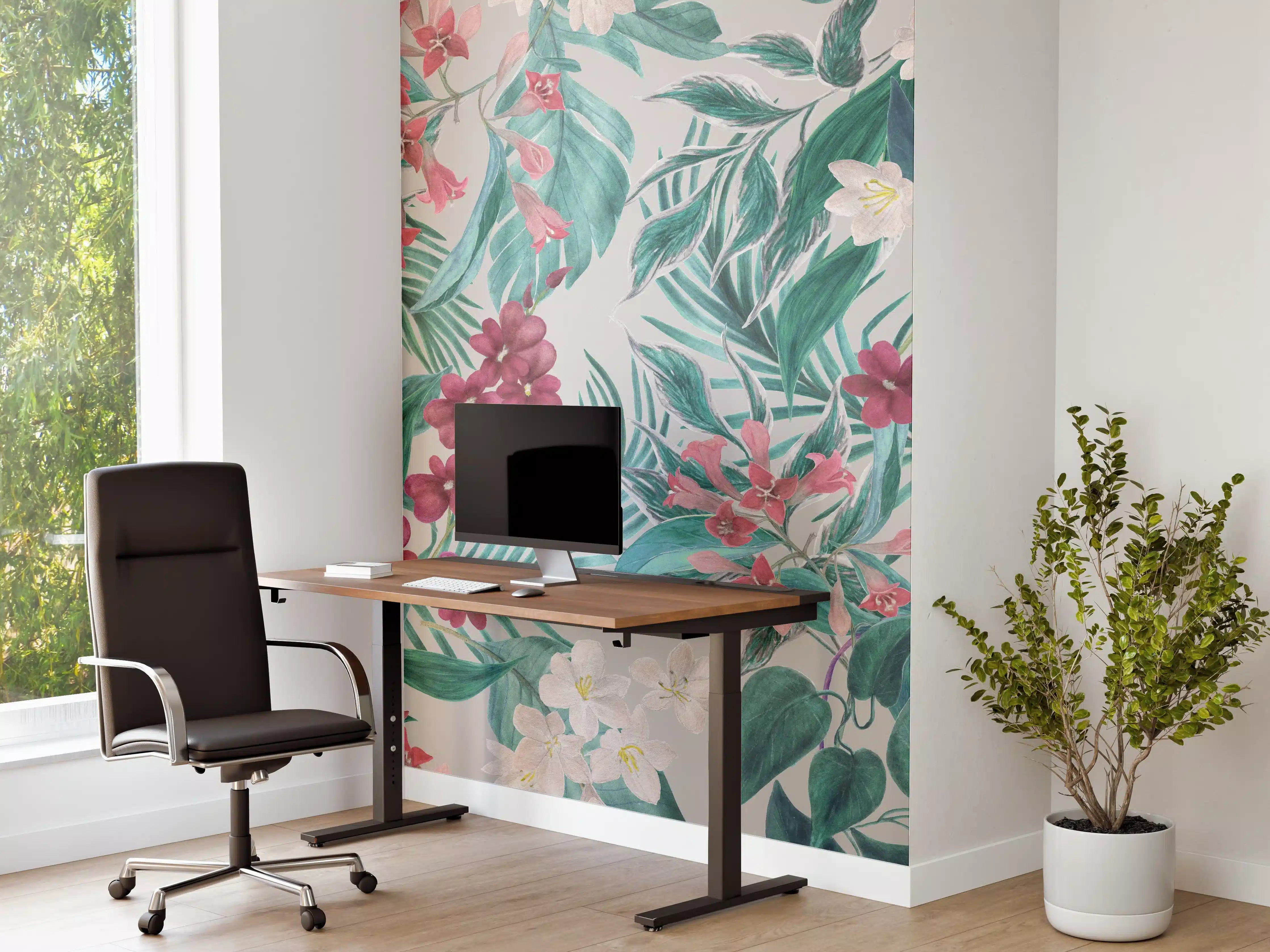 Büro Wandgestaltung - Tropisches Blumenmuster Rosa-Grau