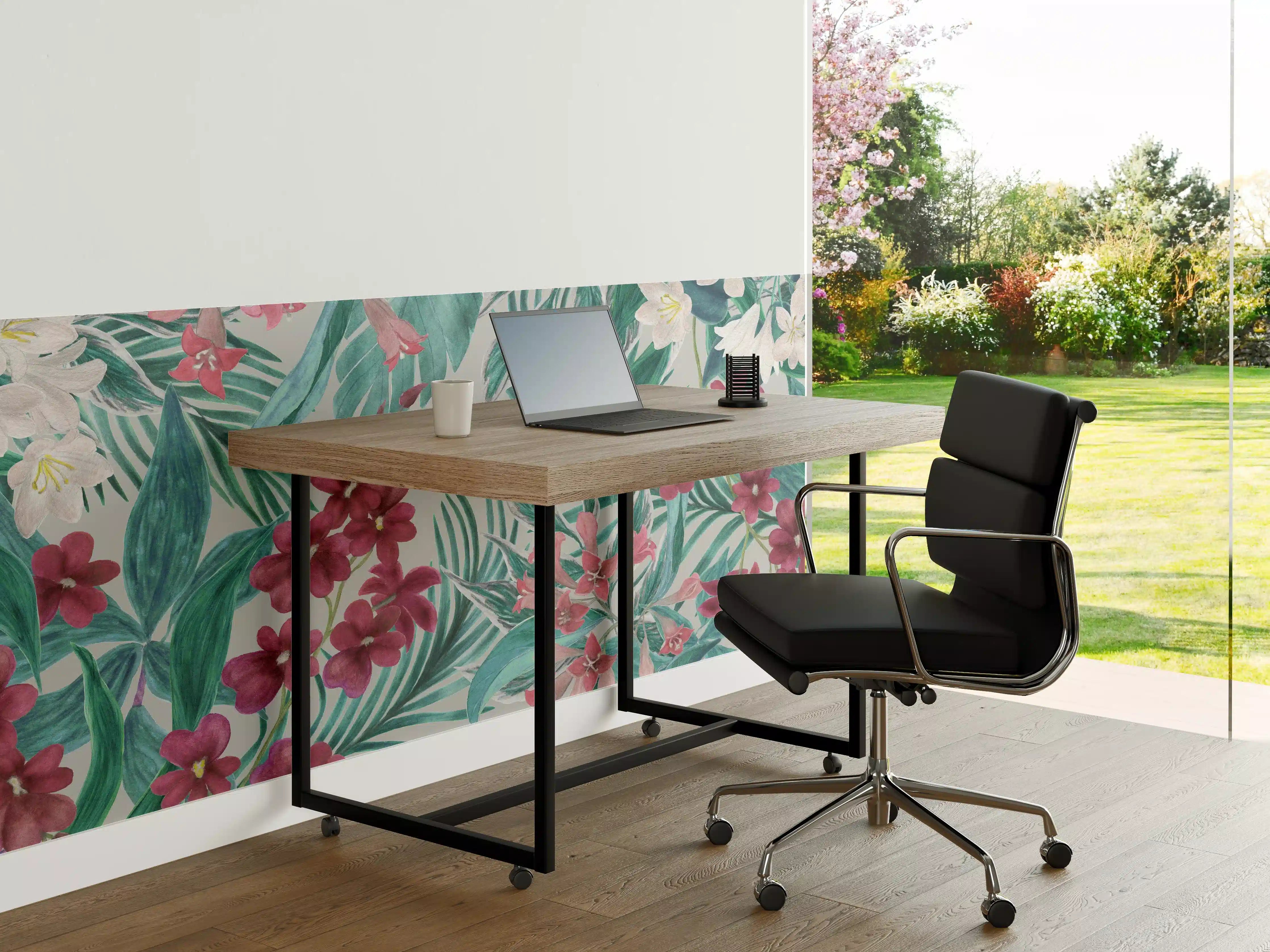 Büro Wandgestaltung - Tropisches Blumenmuster Rosa-Grau