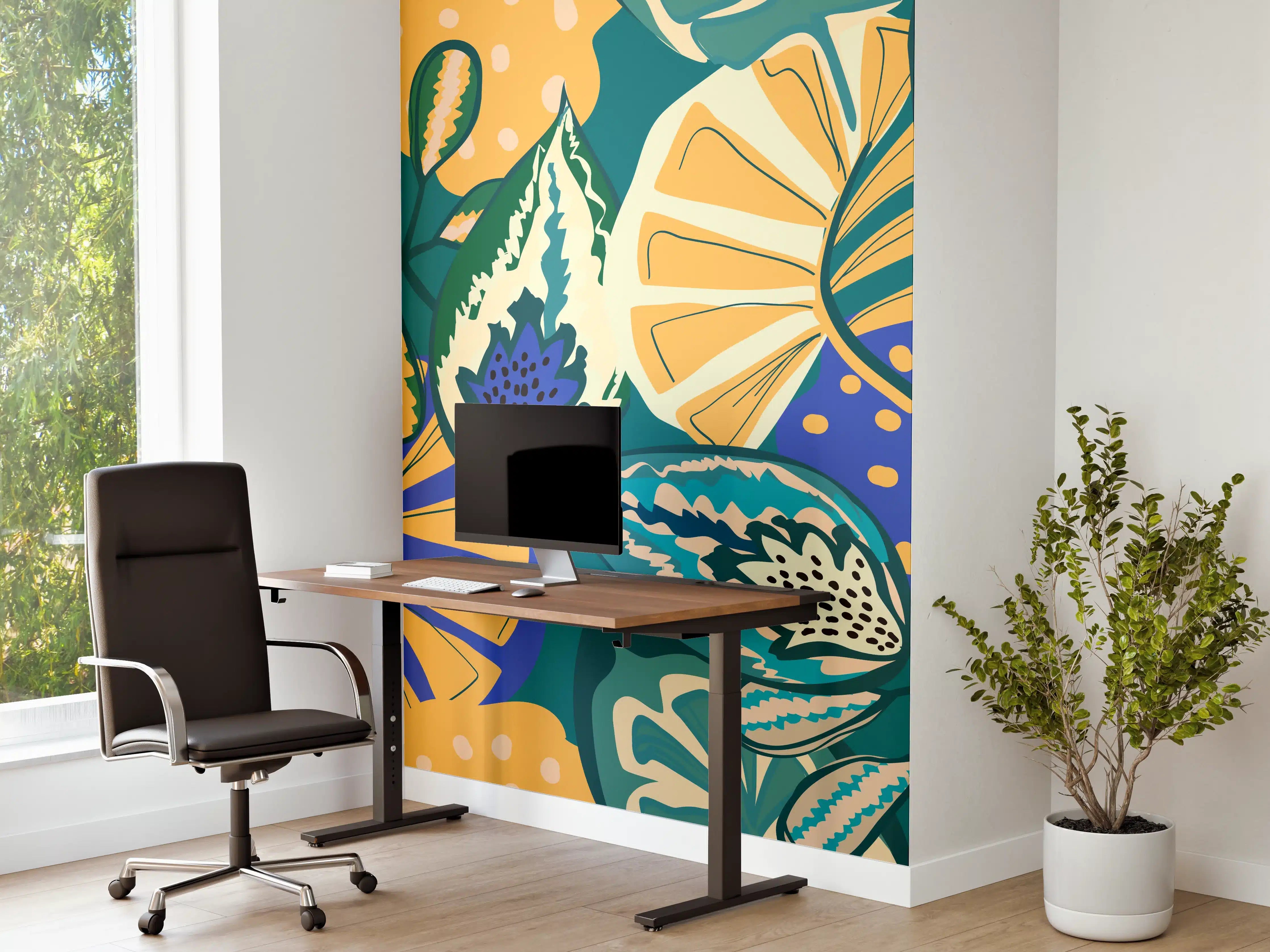 Büro Wandgestaltung - Tropisches Blumenmuster Türkis