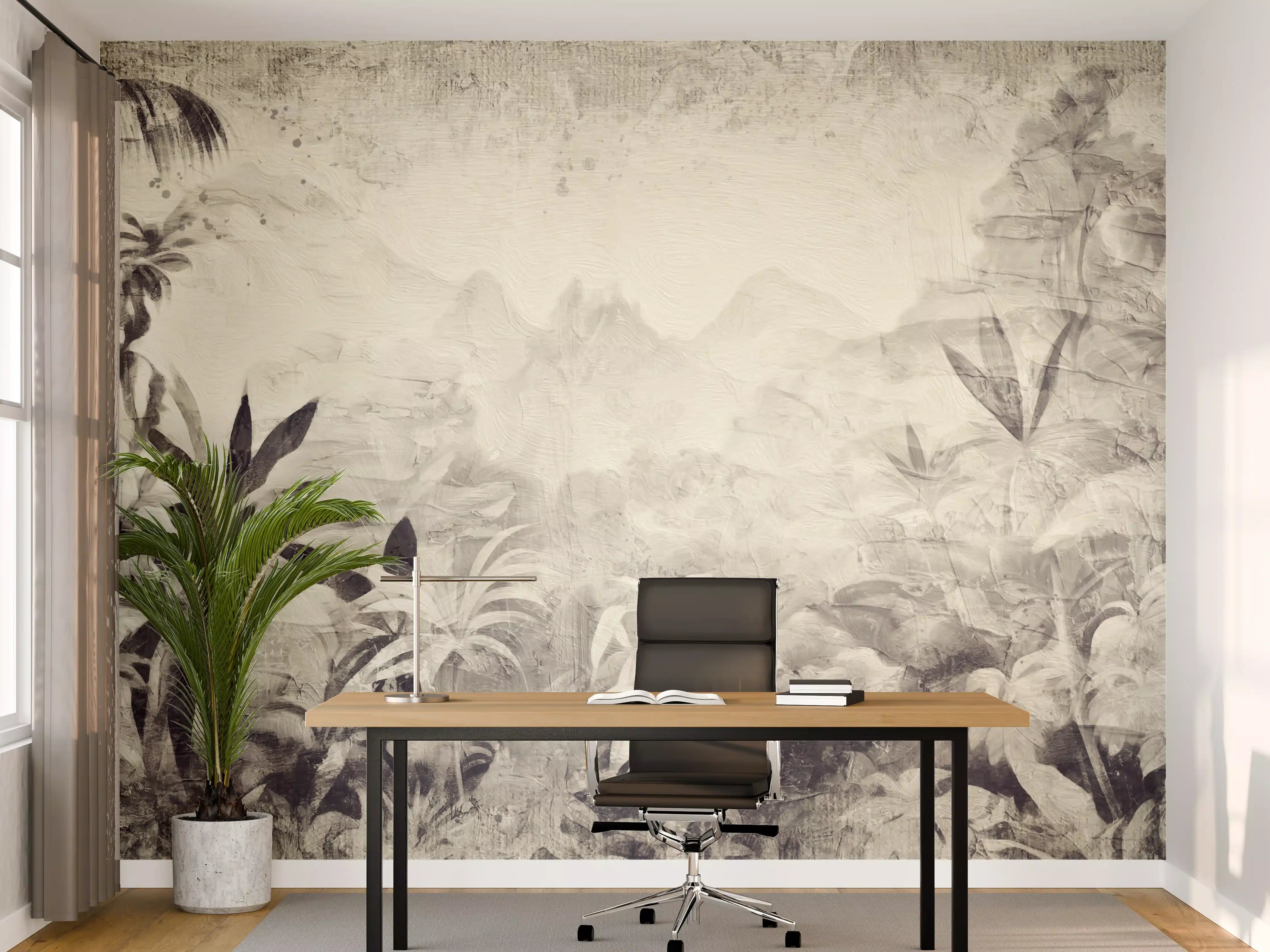 Büro Wandgestaltung - Tropisches Dschungelpanorama in Grauweiß