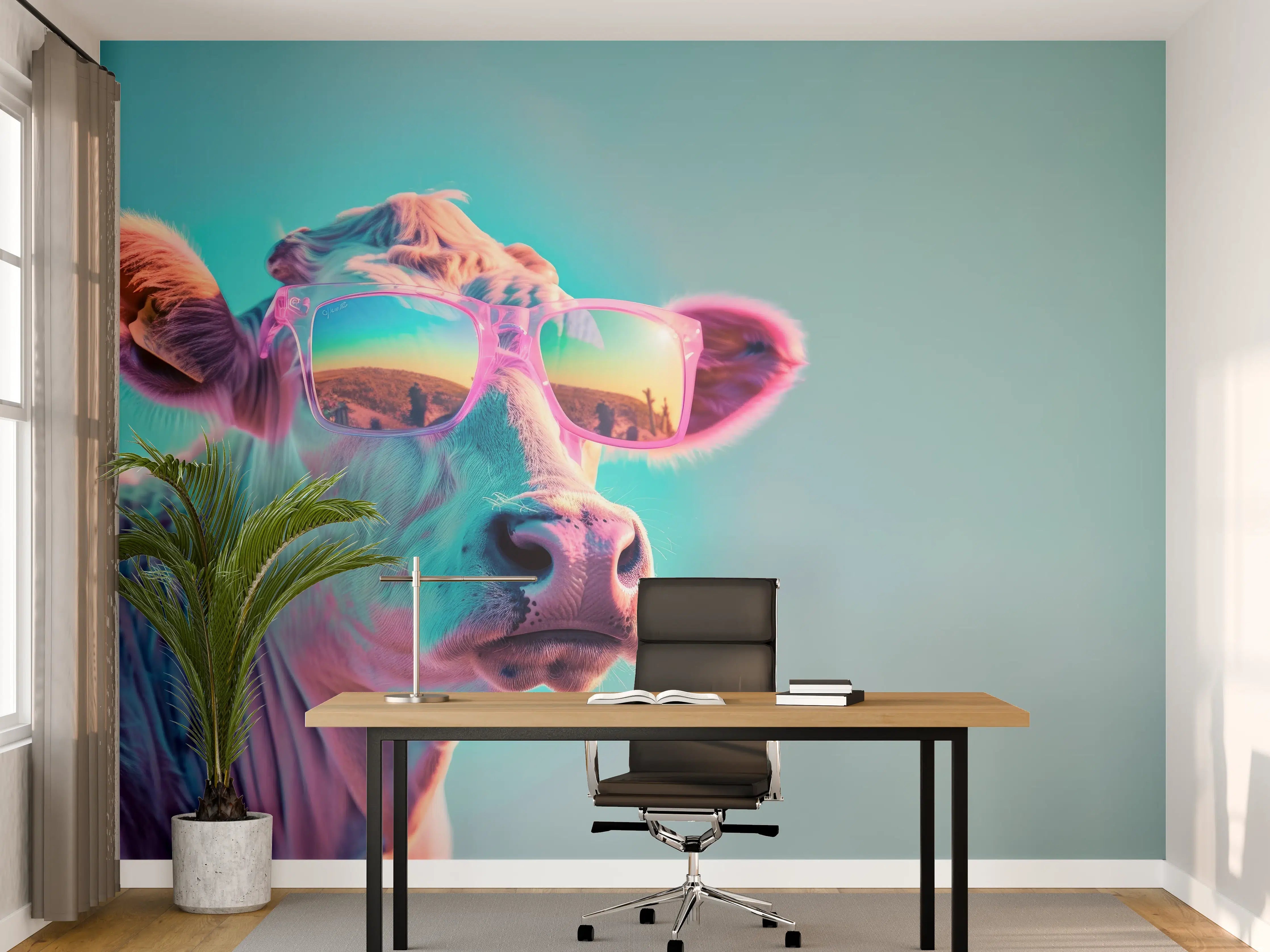 Büro Wandgestaltung - Türkis-Pastell-Kuh mit Sonnenbrille