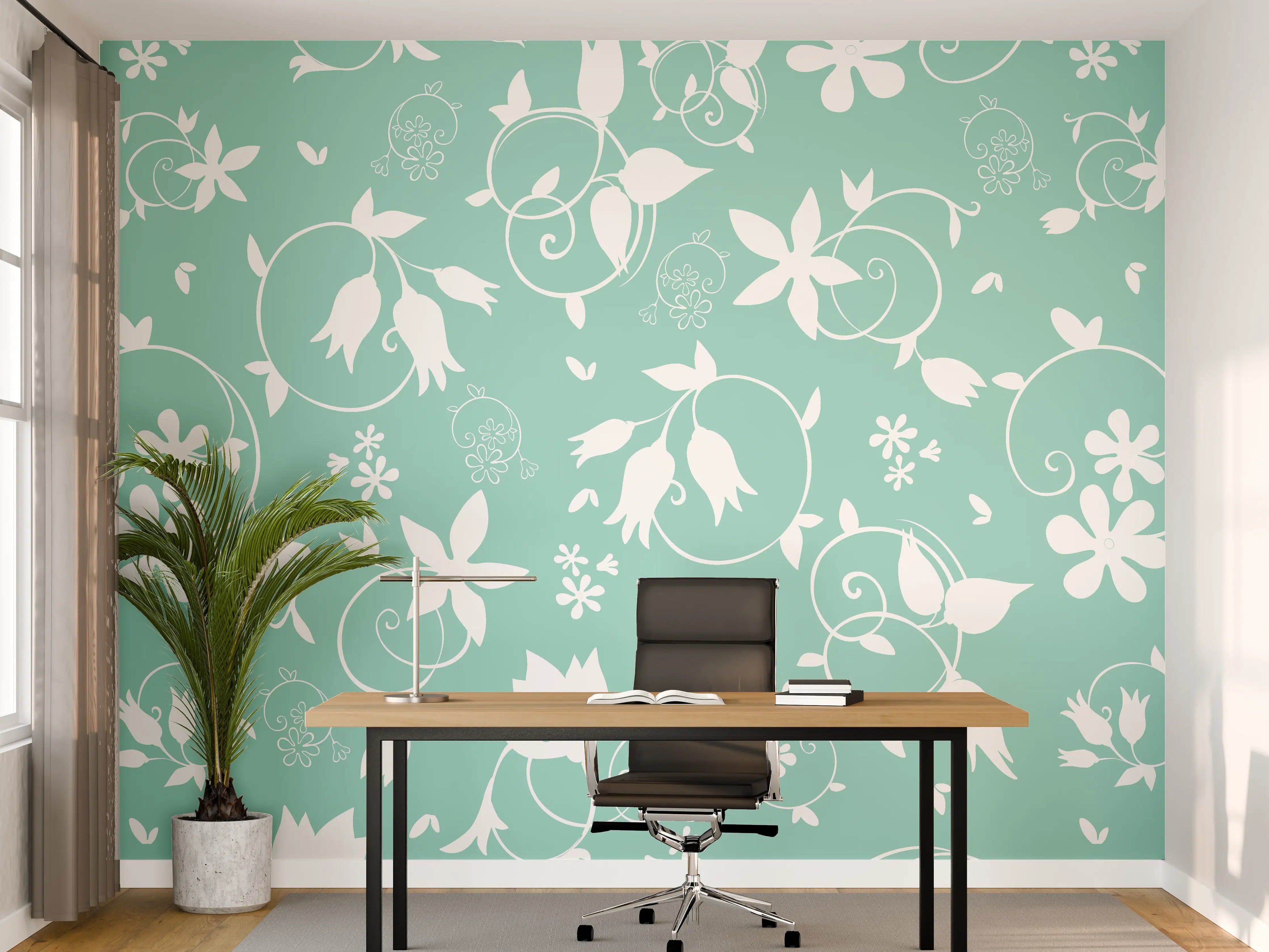 Büro Wandgestaltung - Türkis-Weiß Blumenmuster