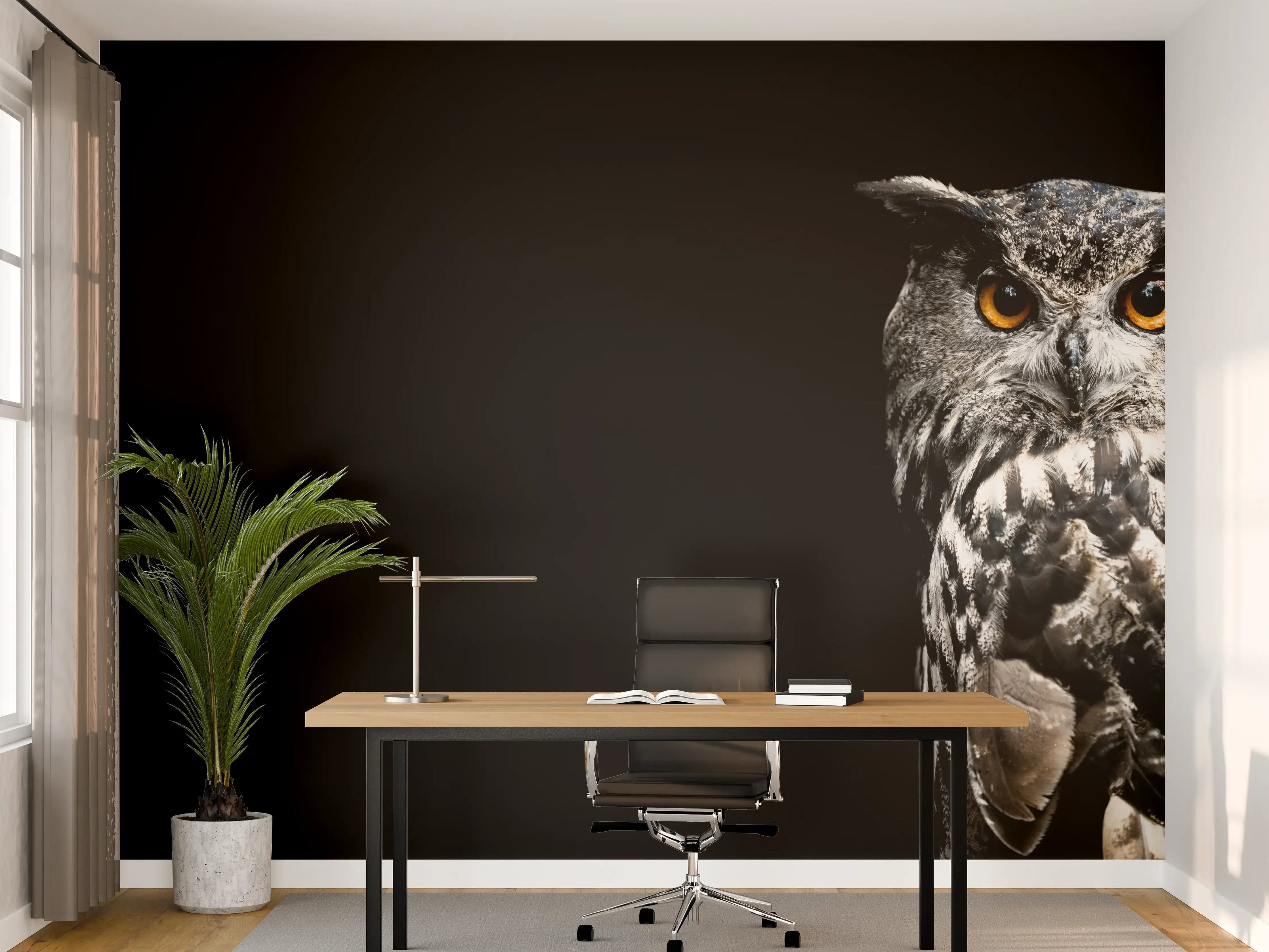 Büro Wandgestaltung - Uhu auf schwarzem Hintergrund