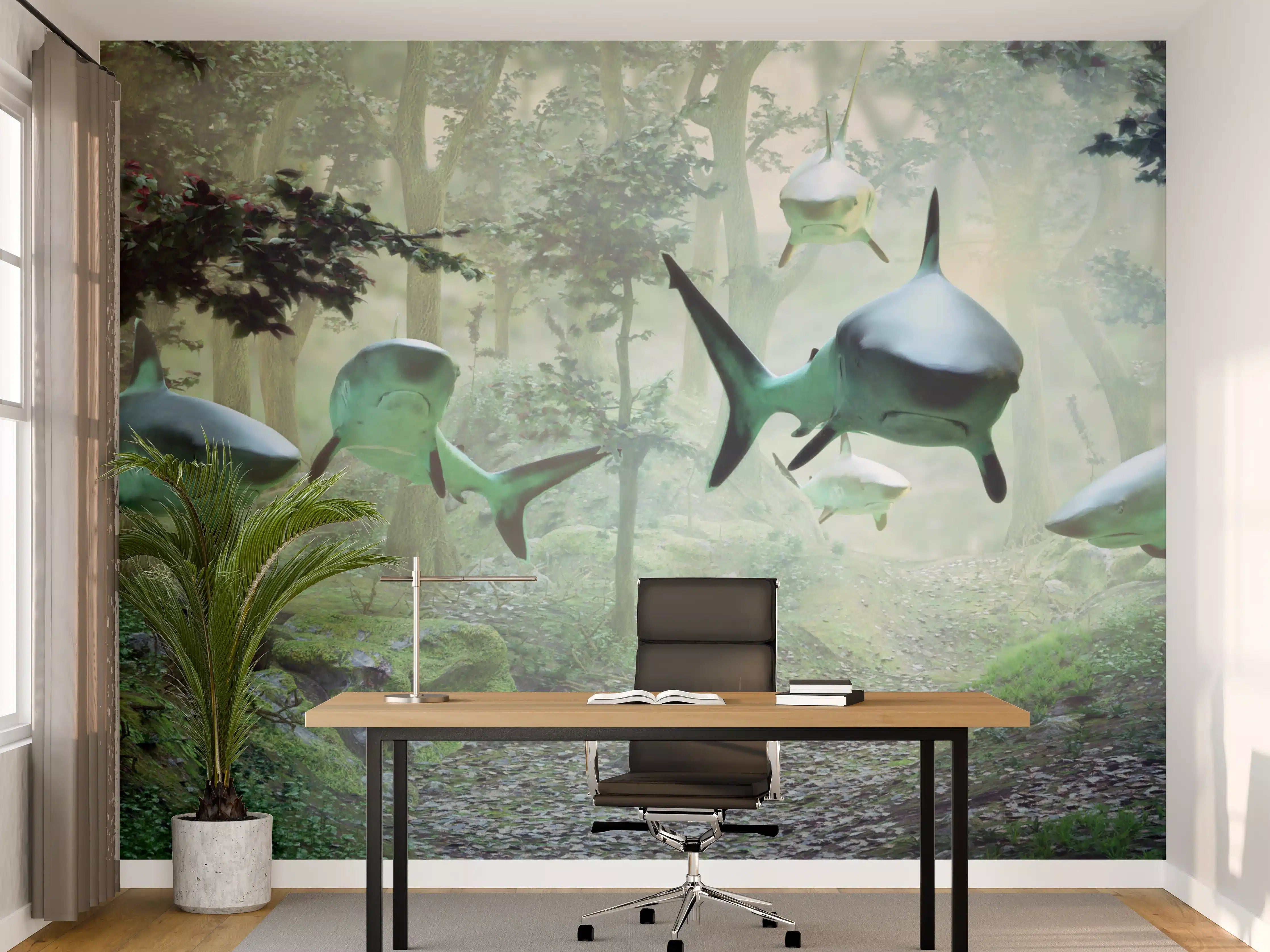 Büro Wandgestaltung - Unterwasserwelt mit Haien im grünen Wasser