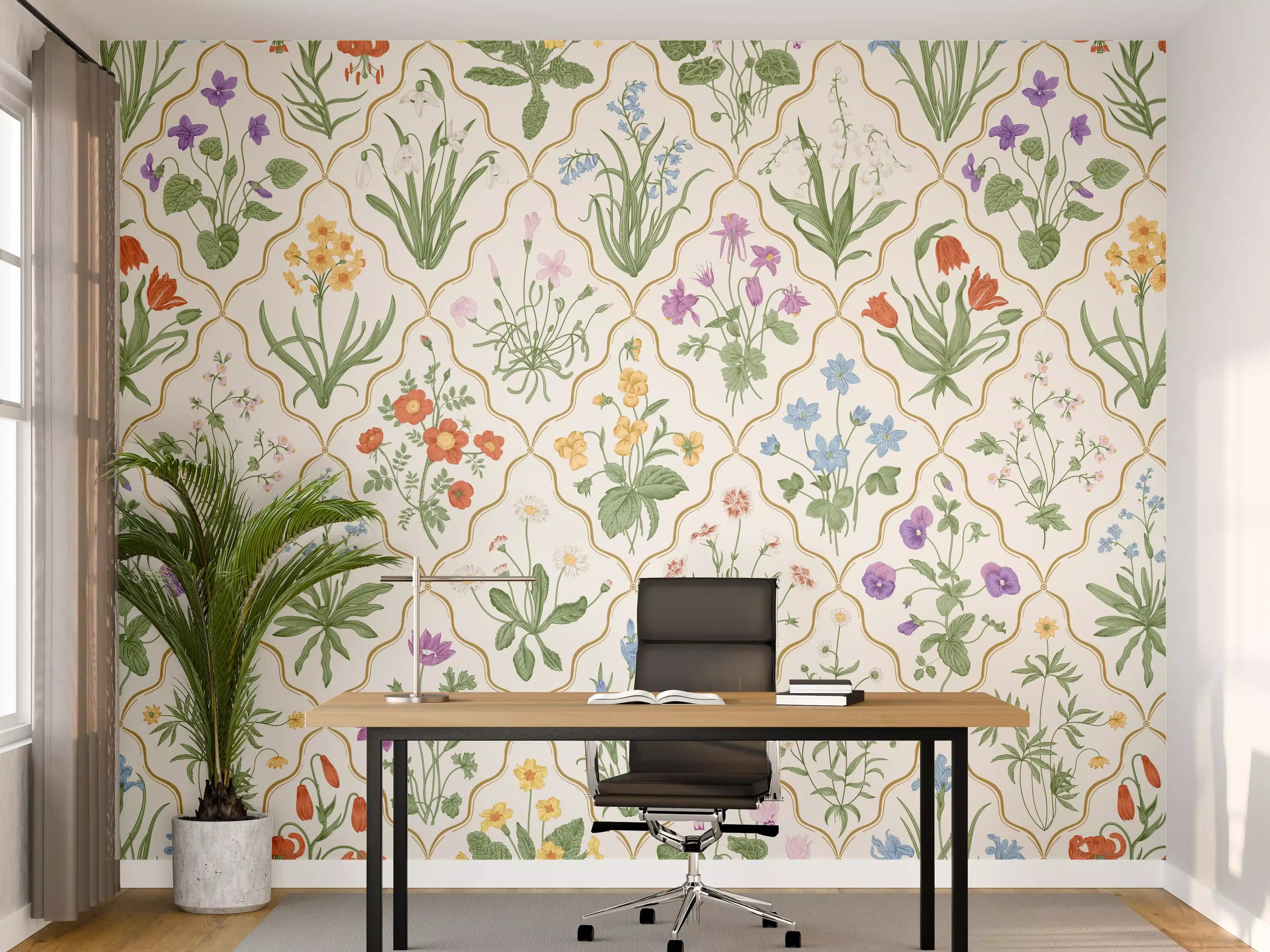 Büro Wandgestaltung - Vintage Bloom Blumen-Tapete Beige-Grün