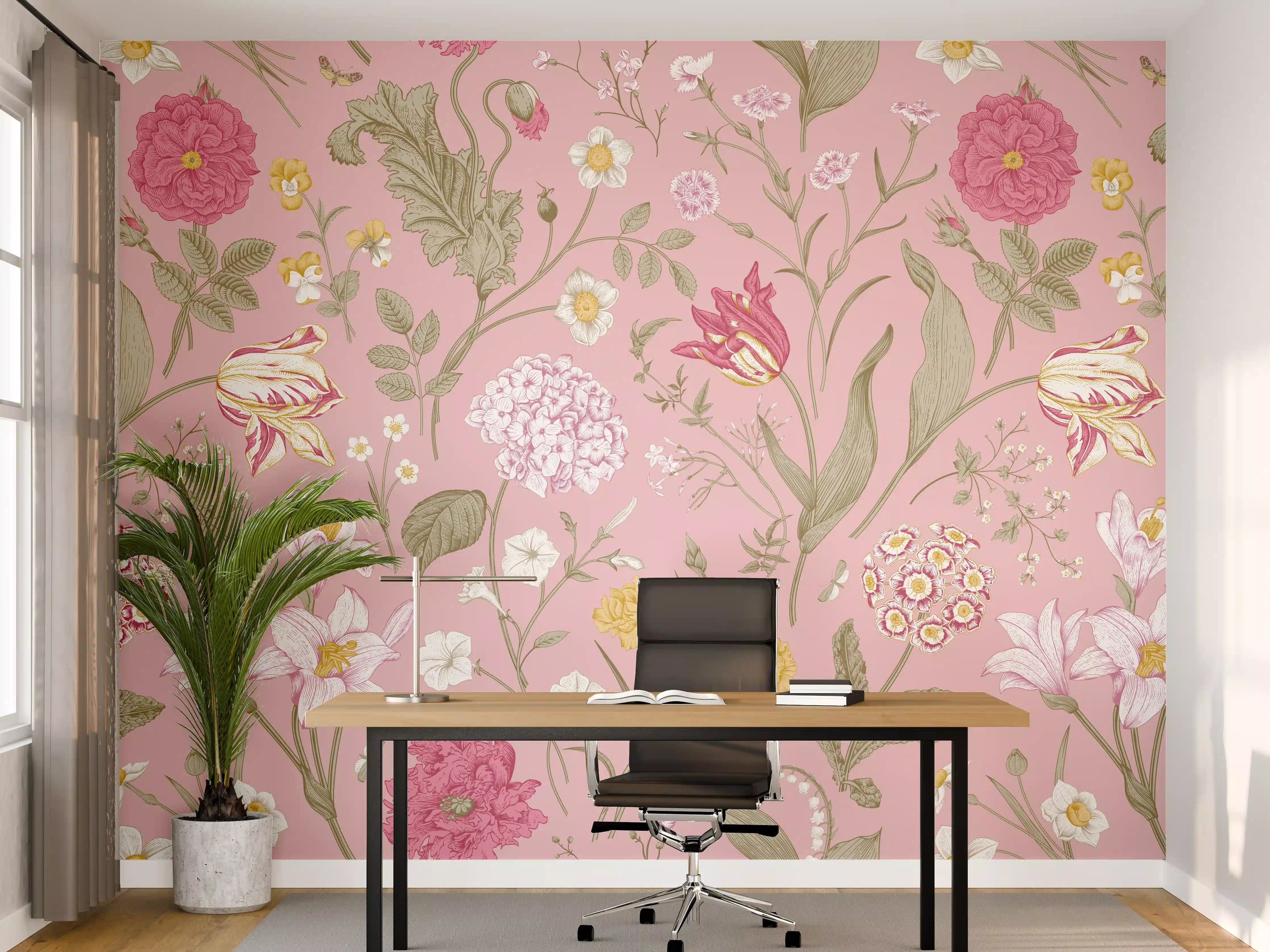 Büro Wandgestaltung - Vintage Bloom Rosa Blumenmuster