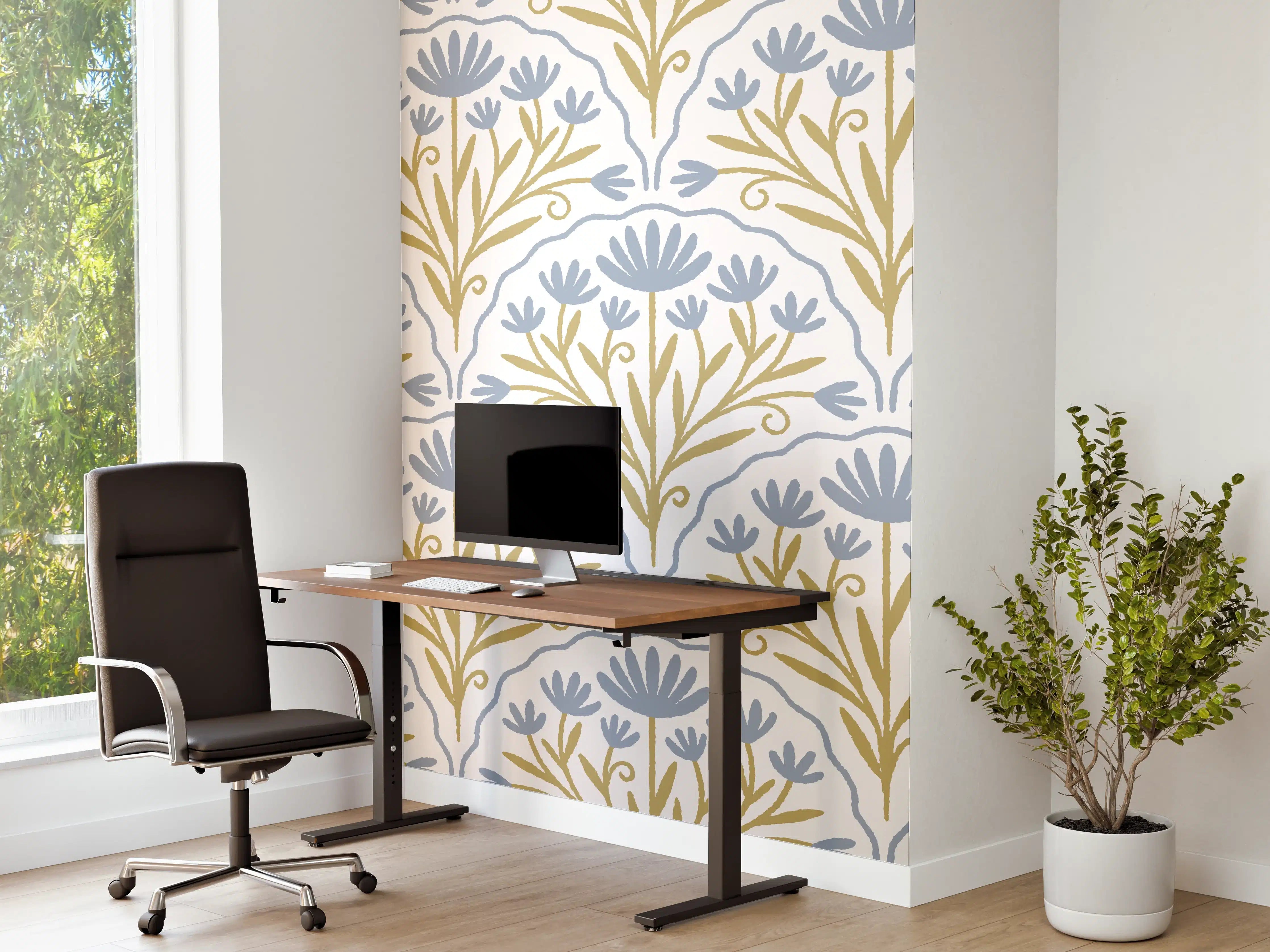Büro Wandgestaltung - Vintage Bloom Tapete Blau-Weiß