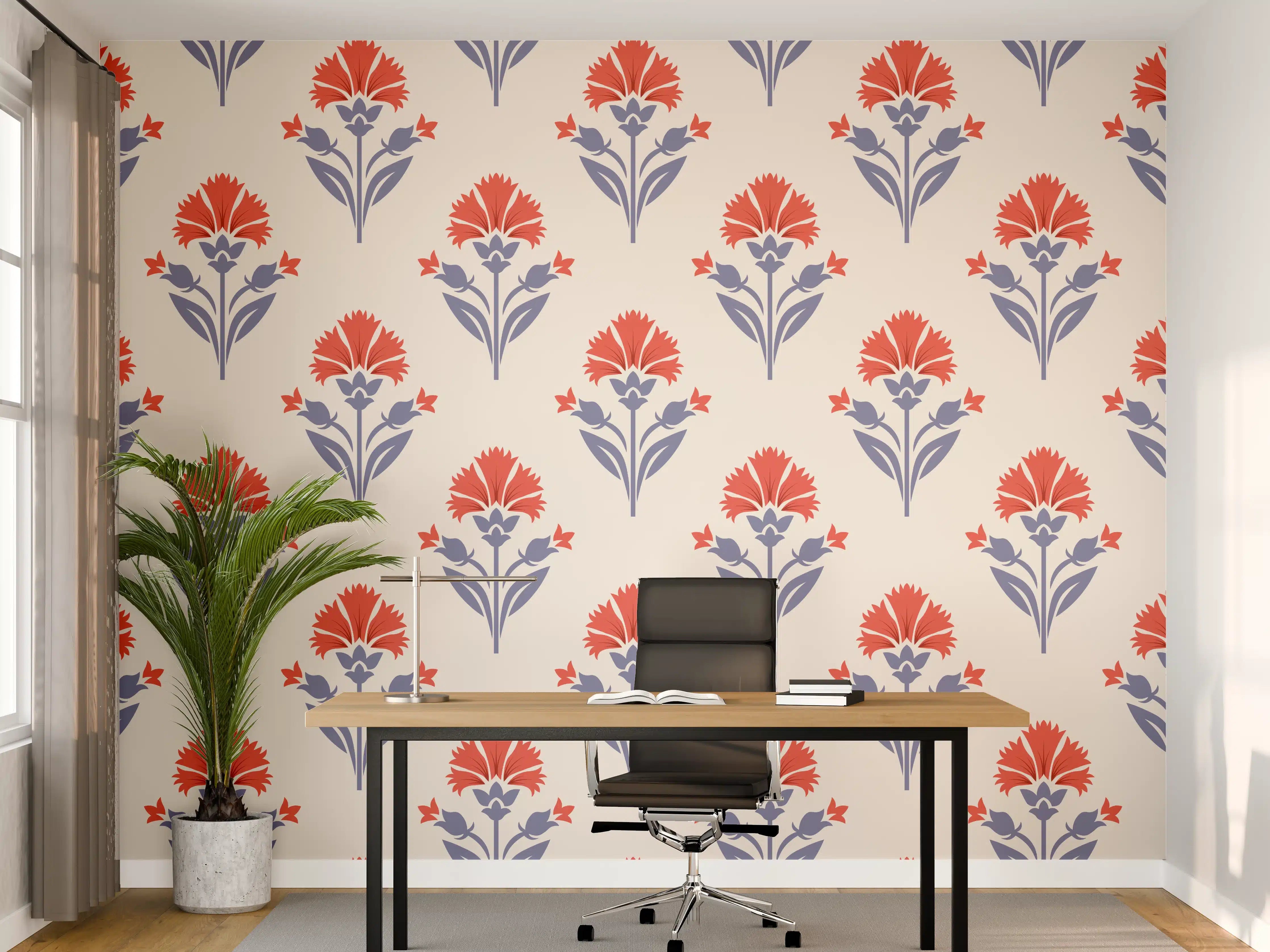 Büro Wandgestaltung - Vintage Blumen Tapete Beige-Rot