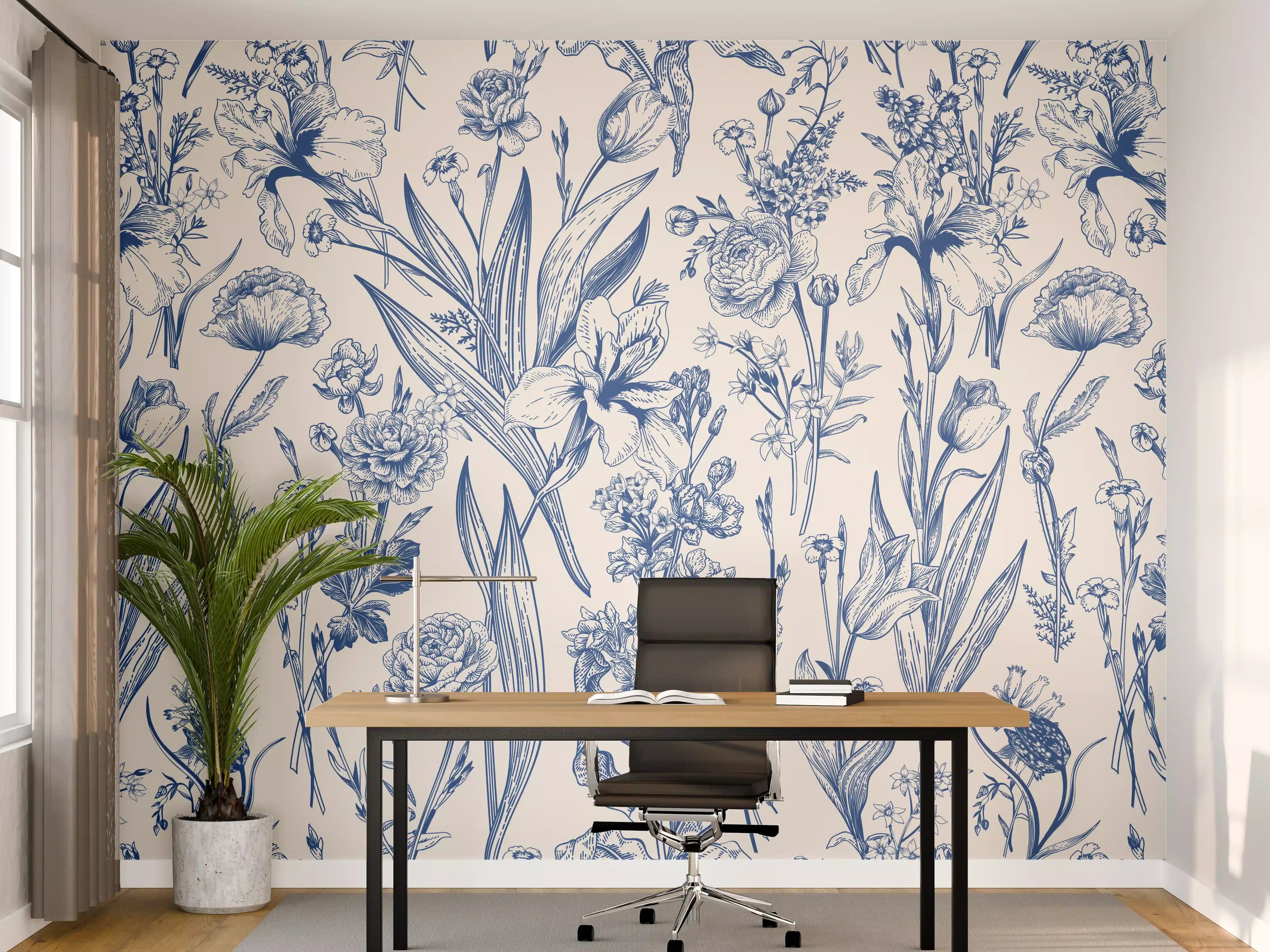 Büro Wandgestaltung - Vintage-Blumenmuster Azurblau