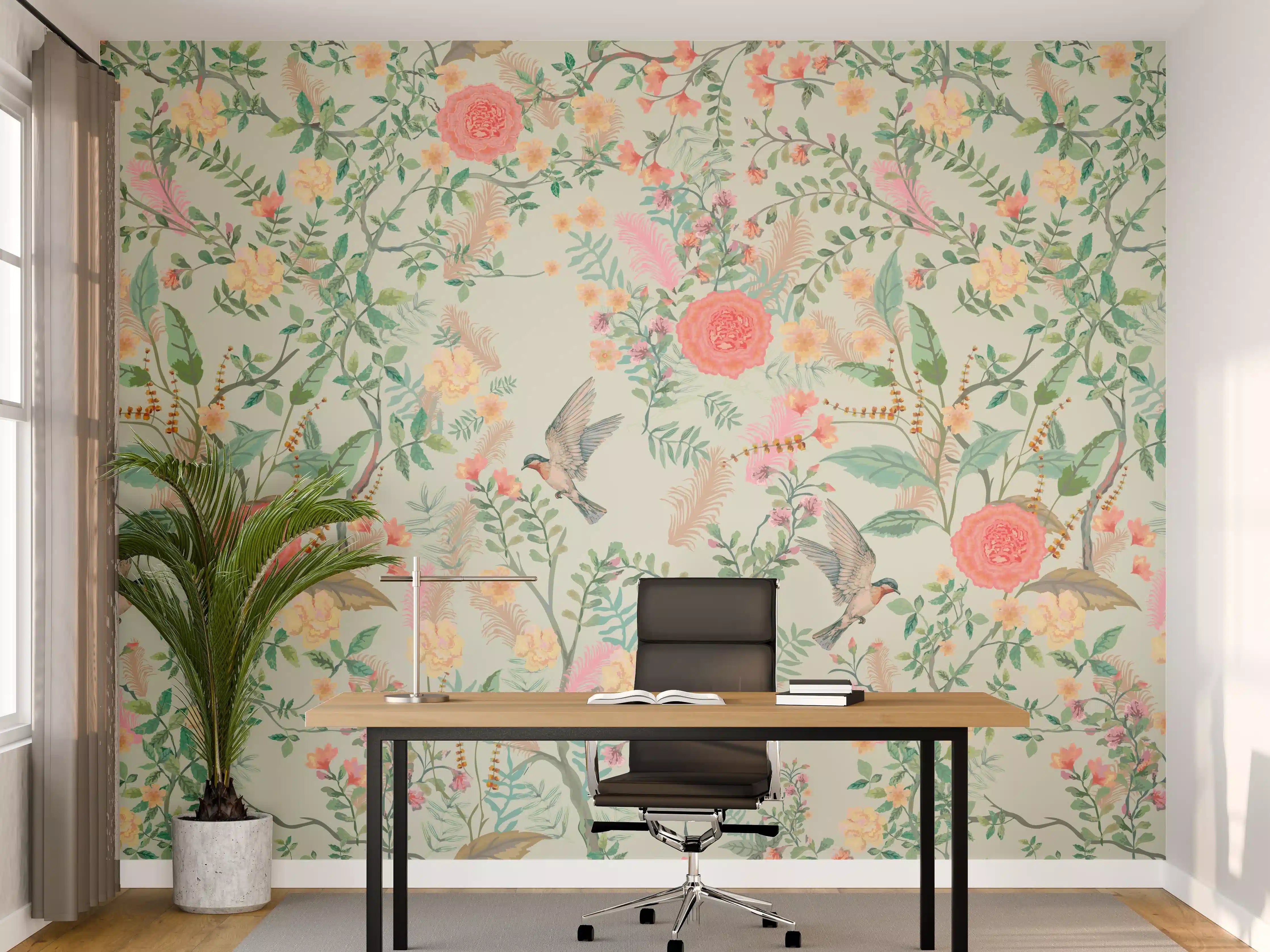 Büro Wandgestaltung - Vintage-Blumenmuster Grün-Rosa