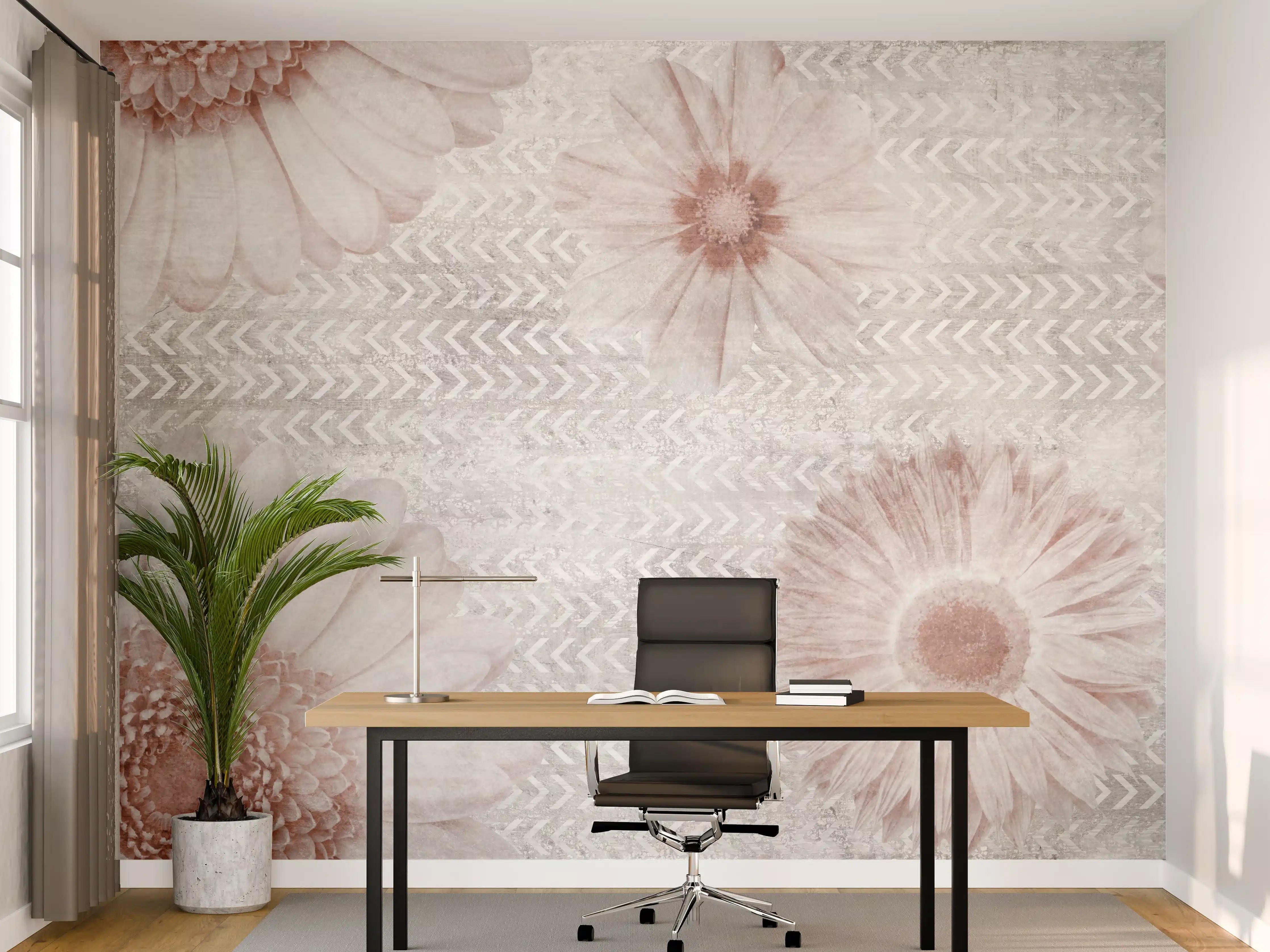 Büro Wandgestaltung - Vintage Blumenmuster auf Weiß