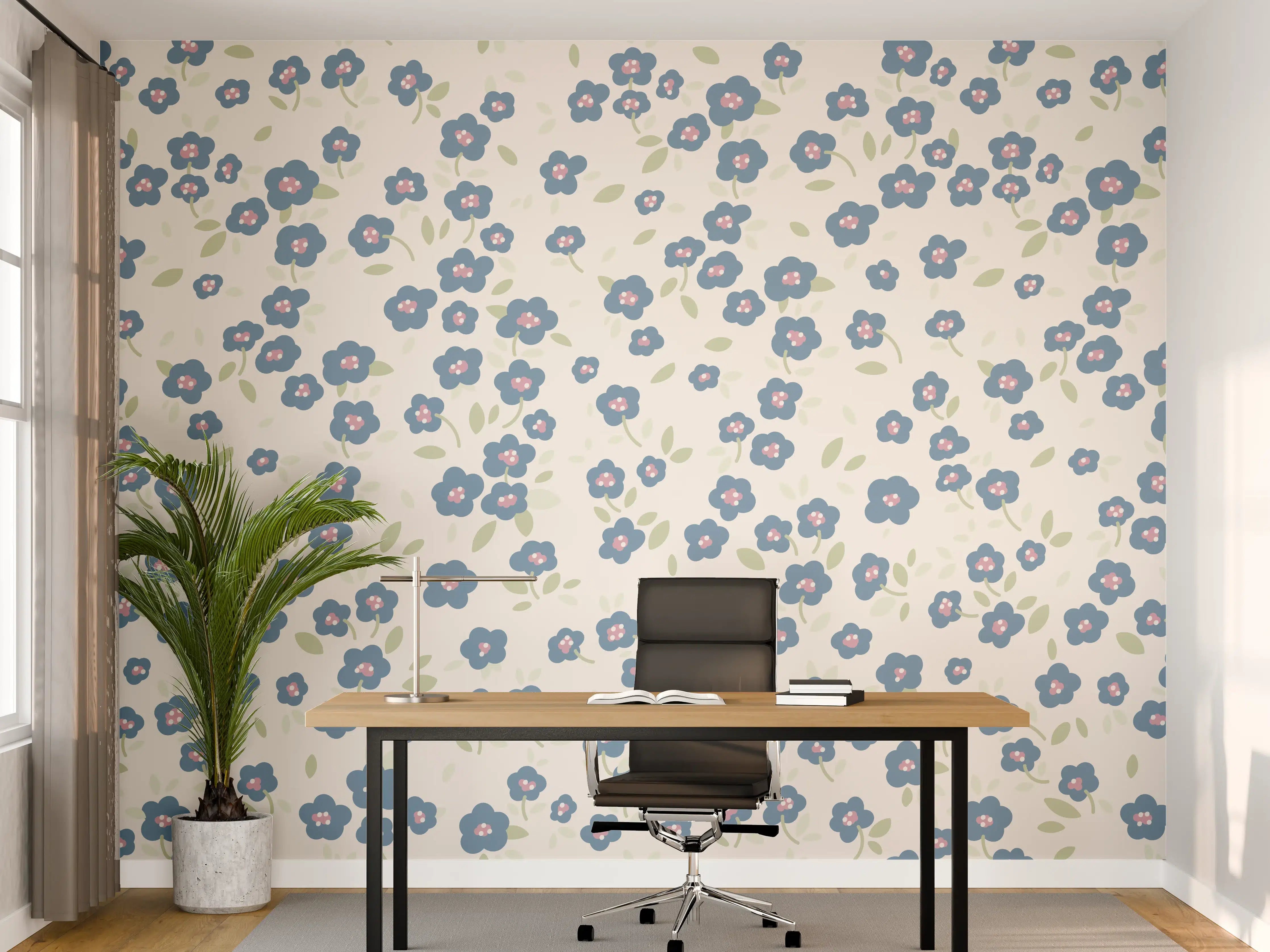 Büro Wandgestaltung - Vintage Ditsy Blumen Blau-Beige