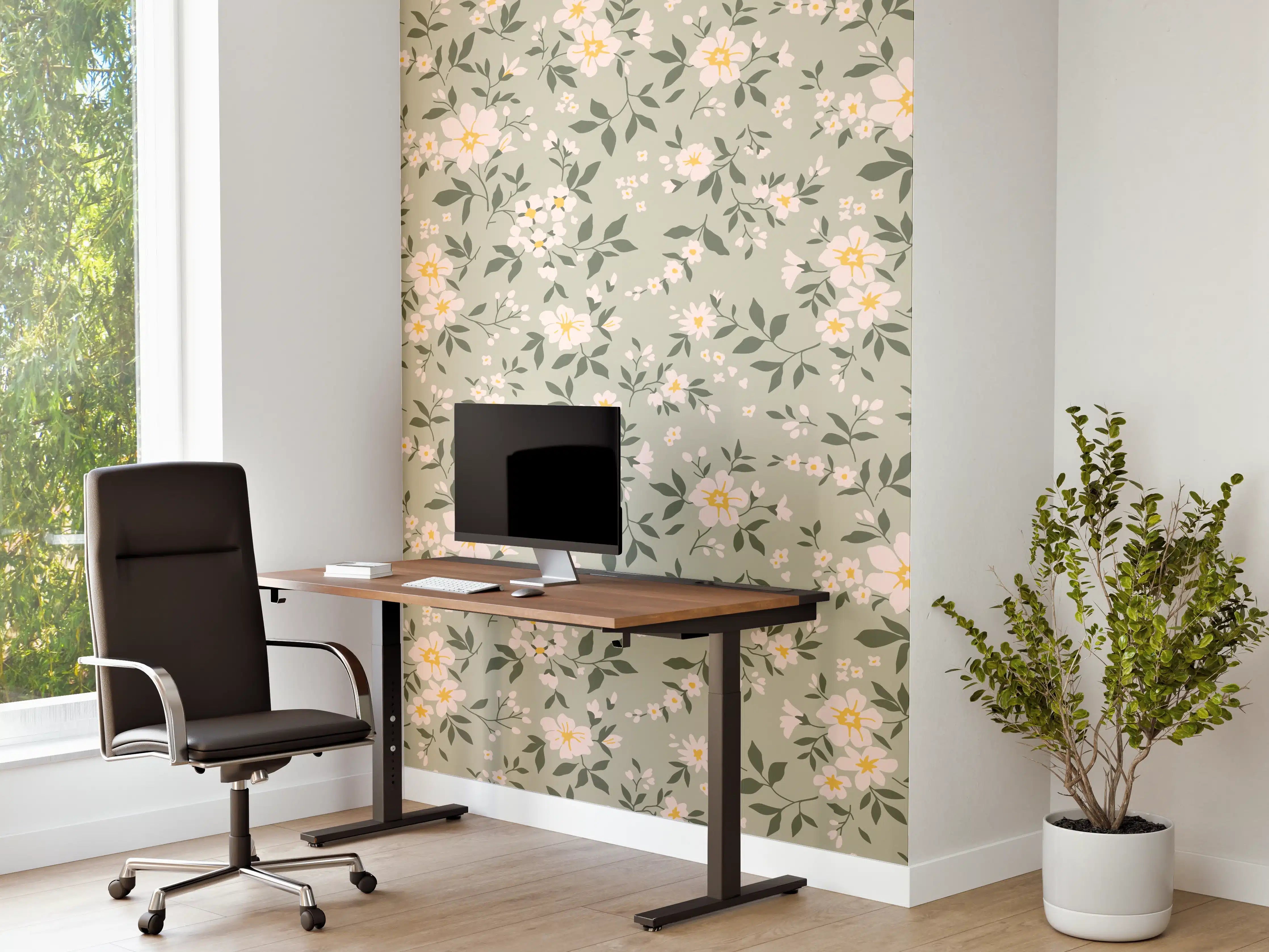 Büro Wandgestaltung - Vintage Ditsy Blumenmuster Grün-Beige