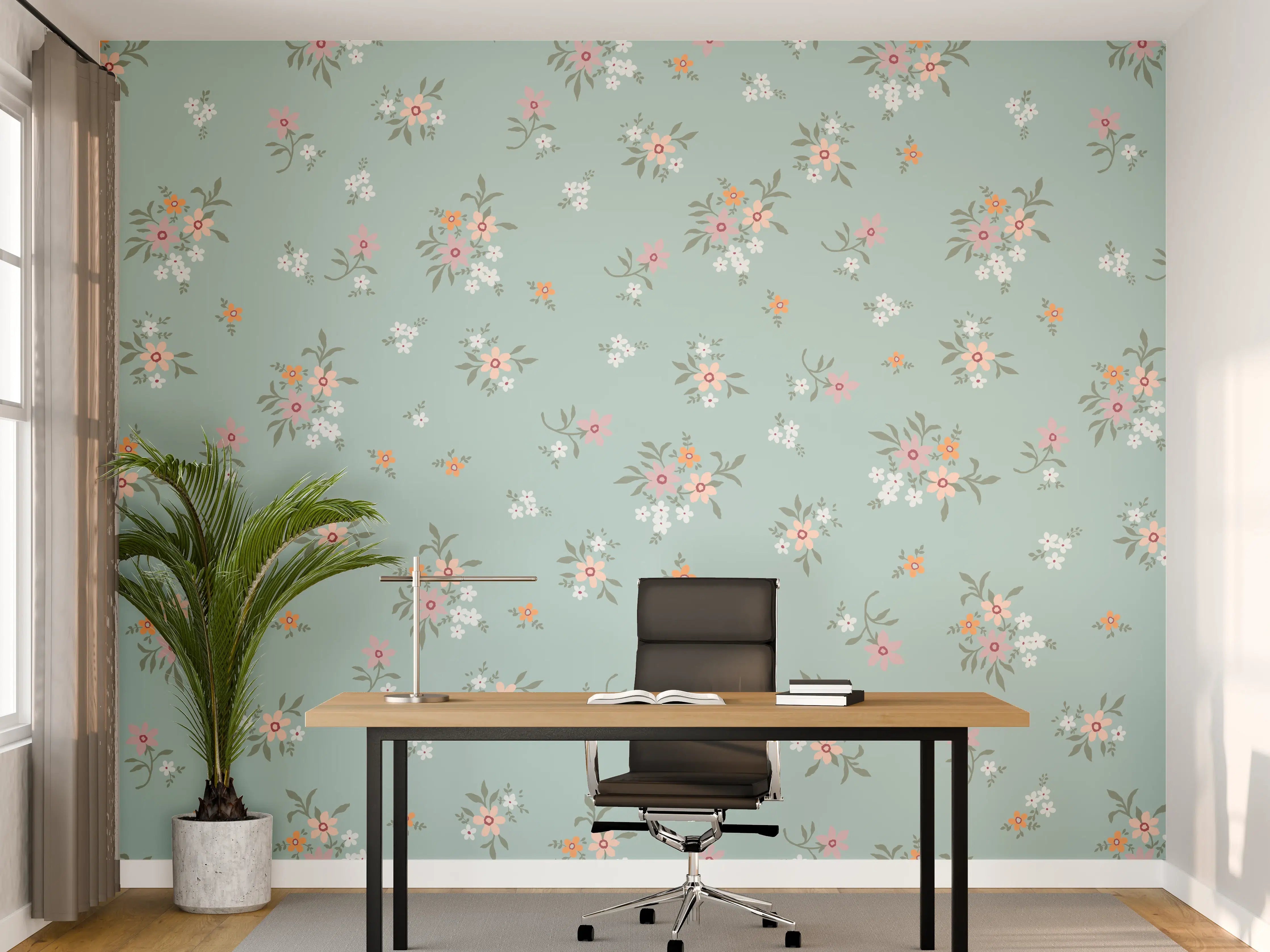 Büro Wandgestaltung - Vintage Ditsy Blumenmuster Türkis