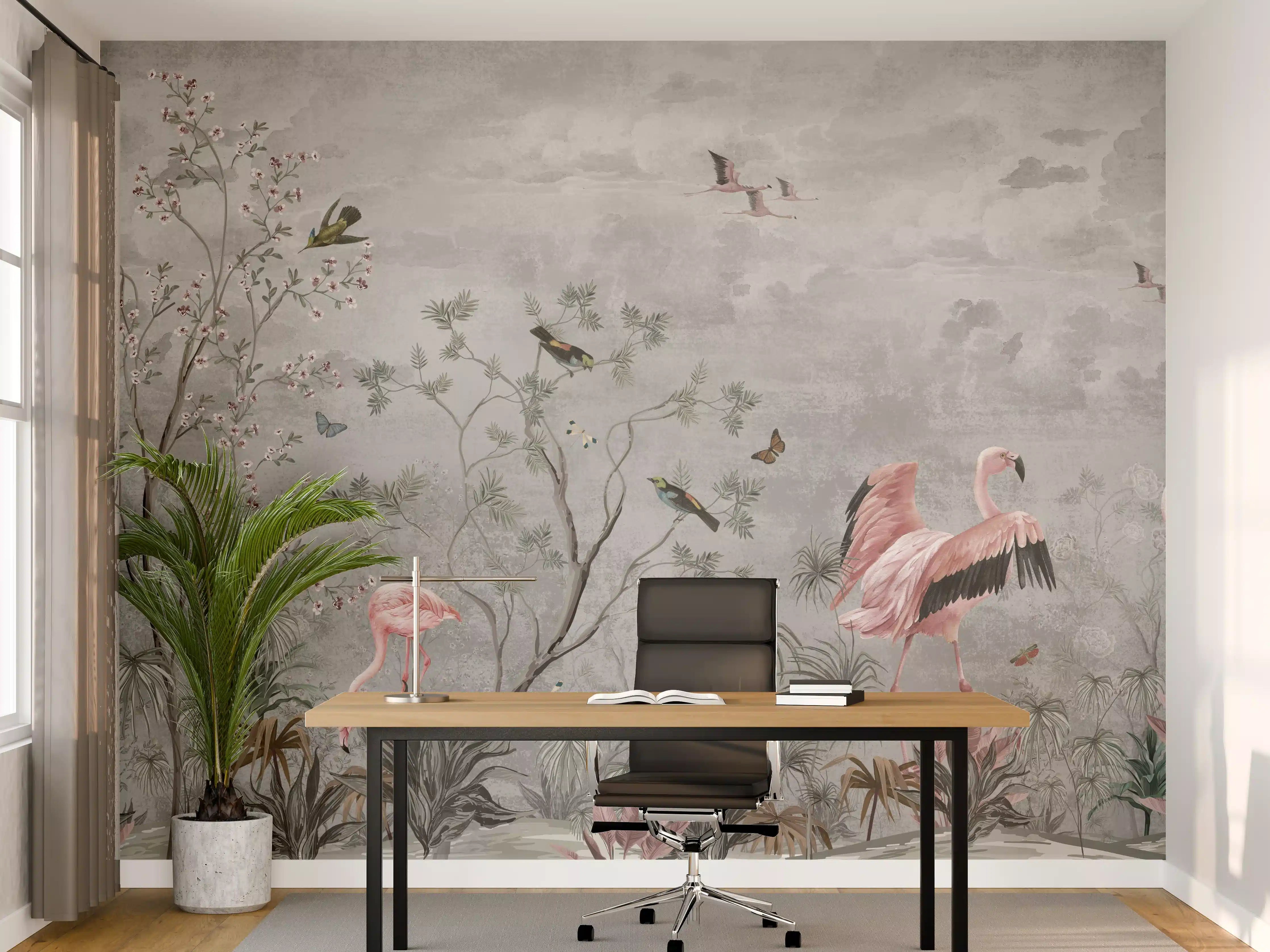 Büro Wandgestaltung - Vintage Dschungel Flamingo Tapete